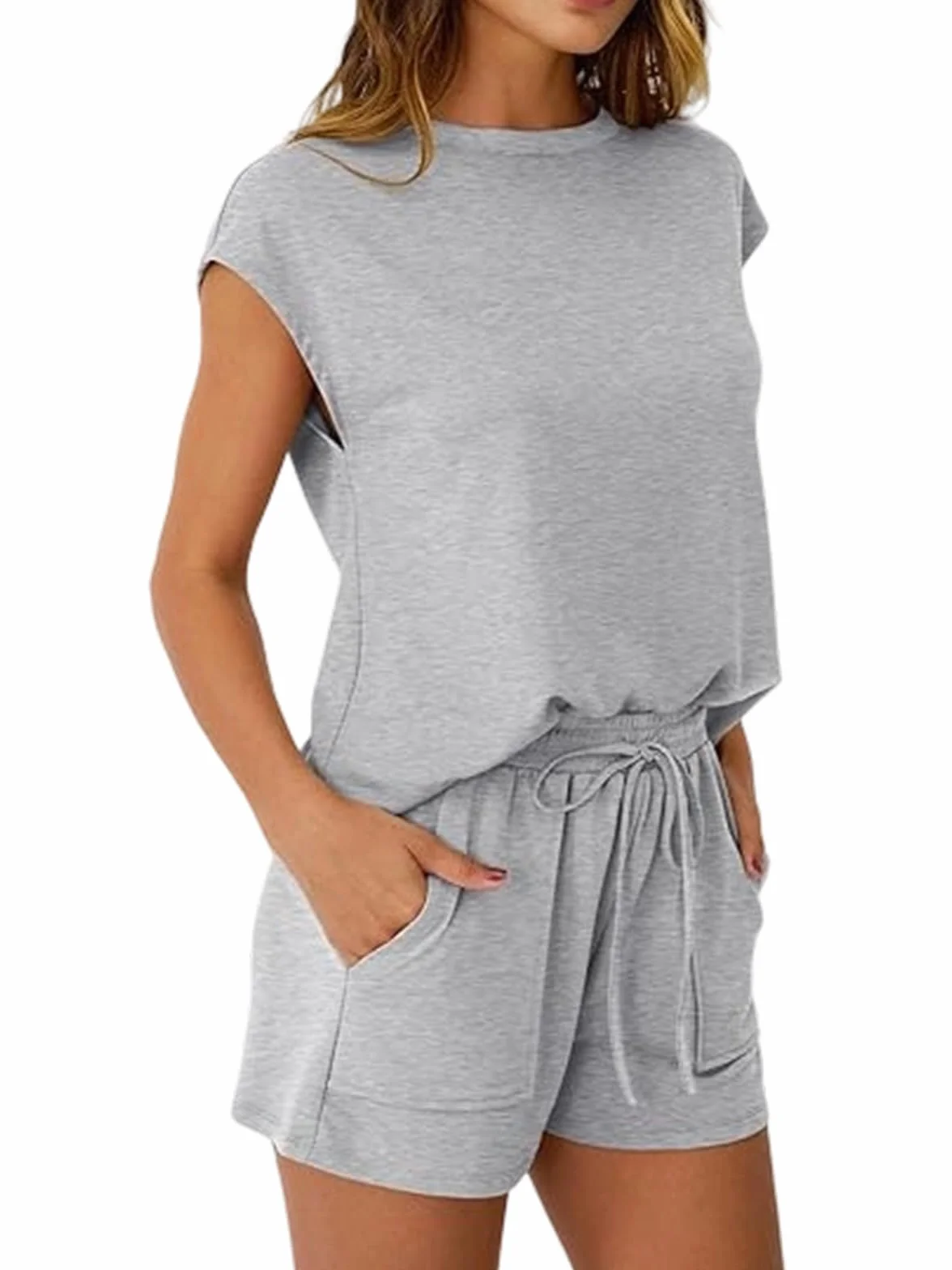 Ensemble Femme Ete 2 Pièces Chic Elegant Survêtement sans Manches Col Rond Short Poches Tenue Sport