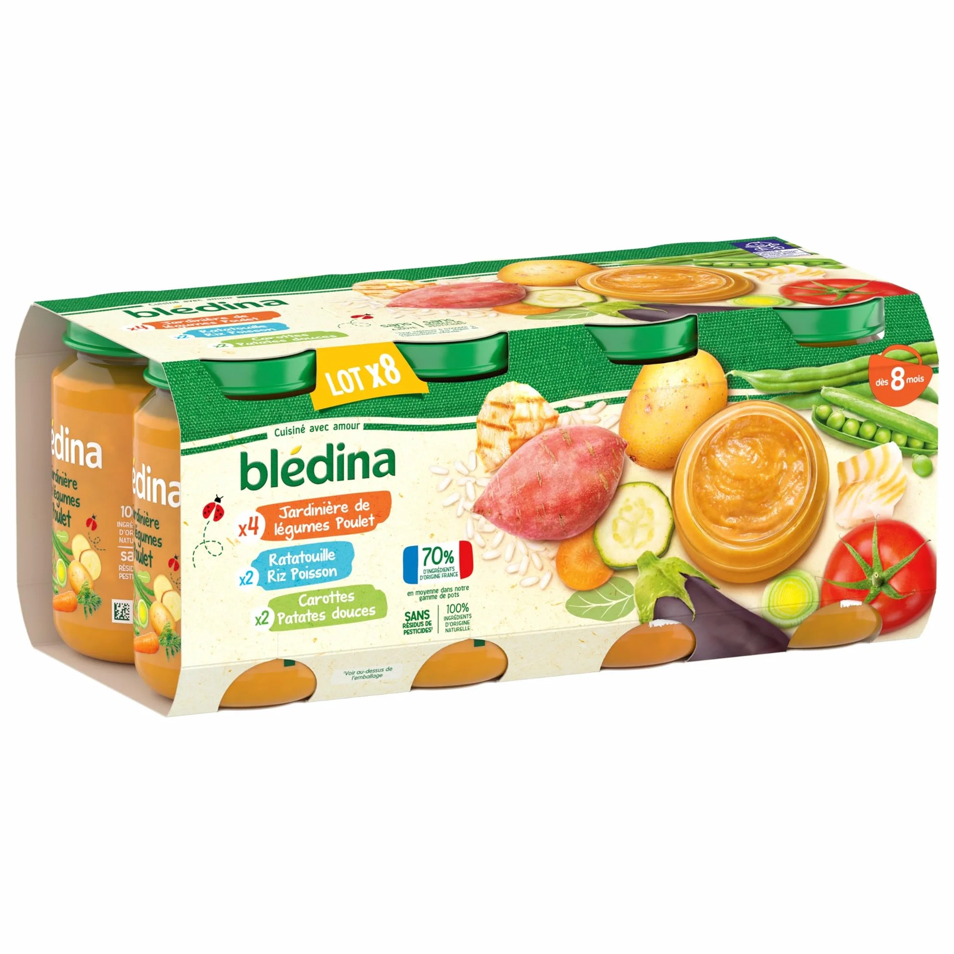 Blédina Petits Pots pour bébé, Dès 8 Mois, Légumes Poulet / Ratatouille Riz Colin / Carotte Patate Douce, 24x200g (3 packs)