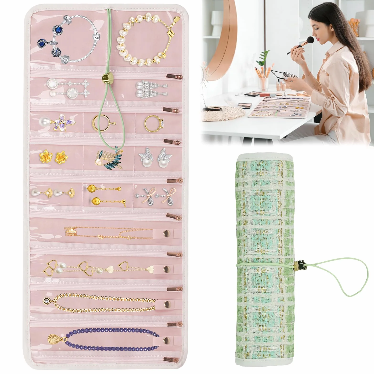 Trousse Rouleau à Bijoux de Voyage en Velours, Organisateur pour Colliers Bracelets Boucles d'oreilles, Sac de Rangement