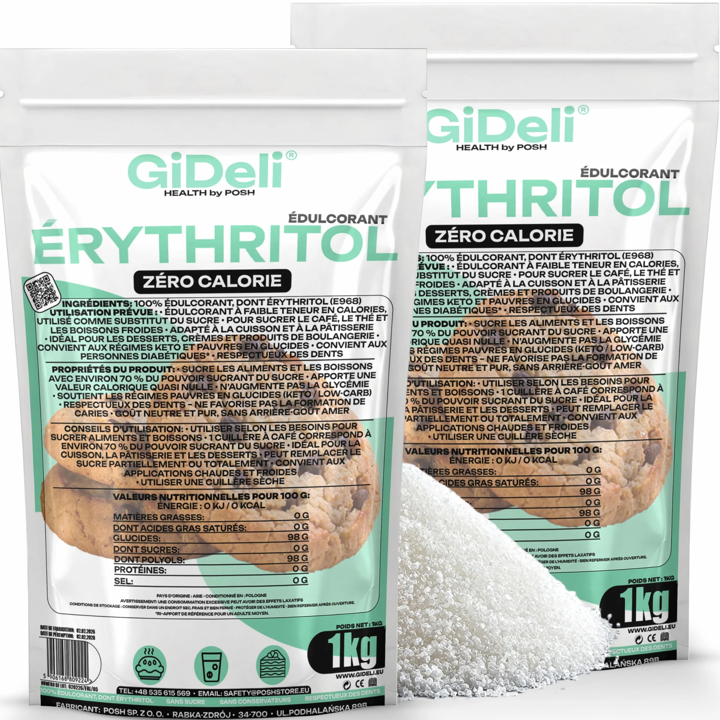 GiDeli érythritol 2 kg, substitut de sucre granulé sans calories, alternative végétalienne et amie des dents