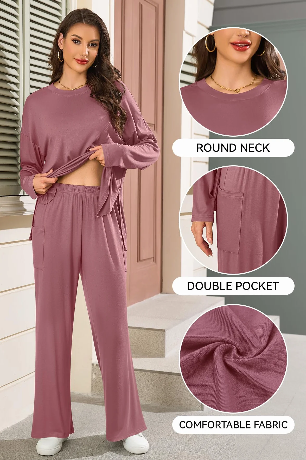 Ensemble Survêtement Femme 2 Pièces Loungewear Pyjama Manche Longue Pantalon Tenue Décontracté avec Poches Hiver
