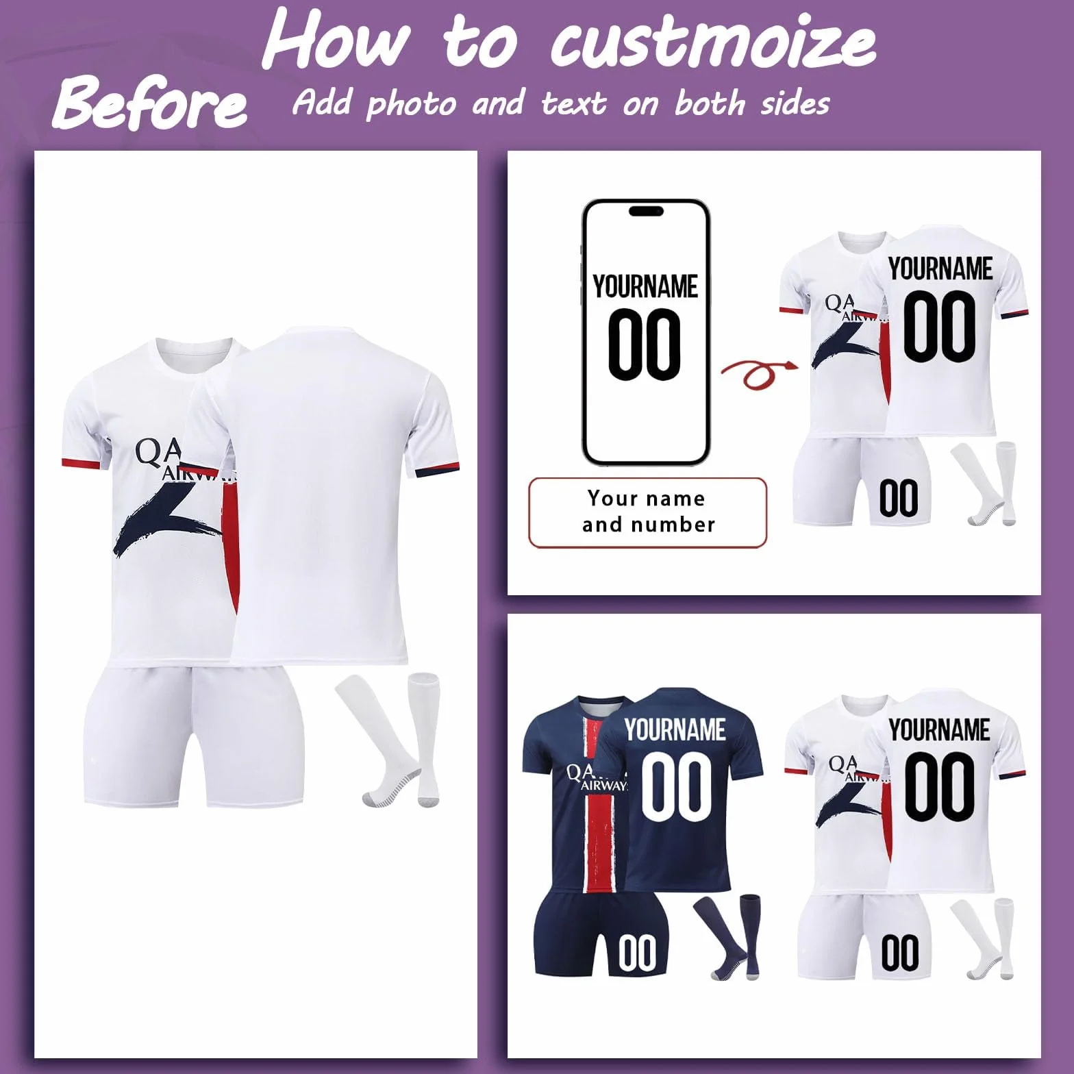 Maillot de Foot Personnalisé Enfant et Adulte avec Nom et Numéro - Ensemble Football Tee Shirt Shorts Chaussettes