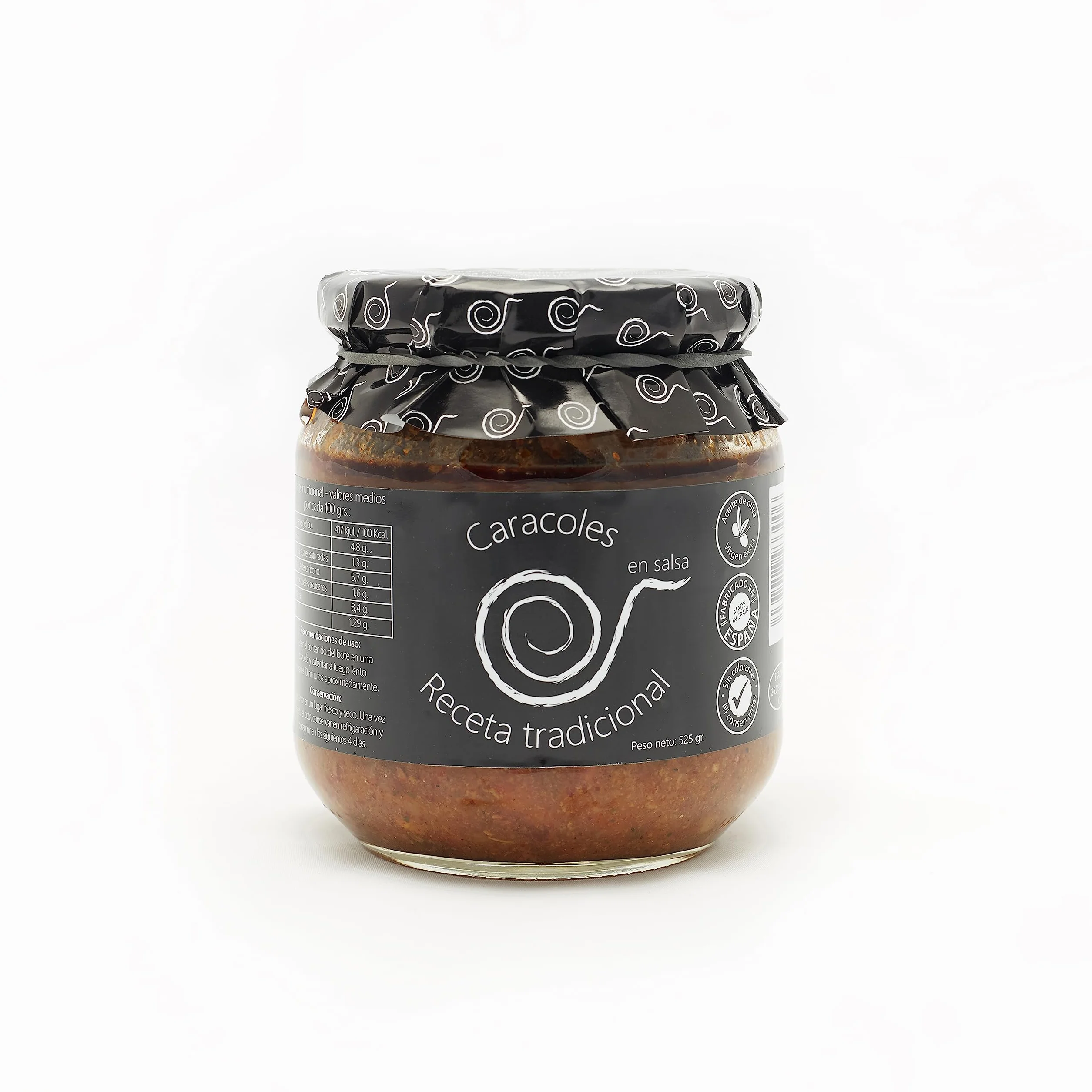 Escargots en sauce. Escargots cuits 550grs. Recette familiale, maison et artisanale. Escargots mijotés. Conserves gourmandes. Cadeau original pour tout le monde. Produit 100% fabriqué en Espagne.