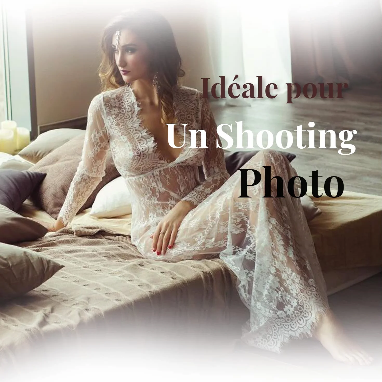 Robe Maxi Femme Enceinte Dentelle Col-V Manche Longue Photographie