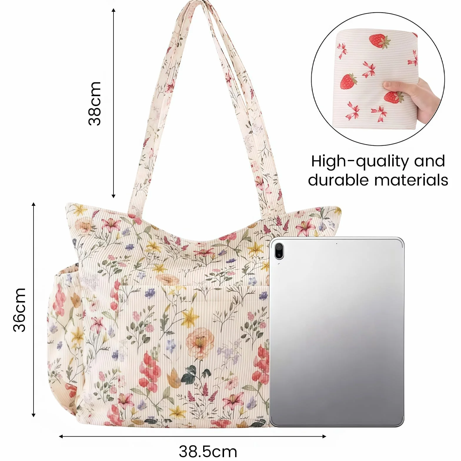 Grande Sac Shopping en Côtelé pour Femmes, Sac à Épaule en Toile Réutilisable avec Fermeture Éclair et Poches Multiples