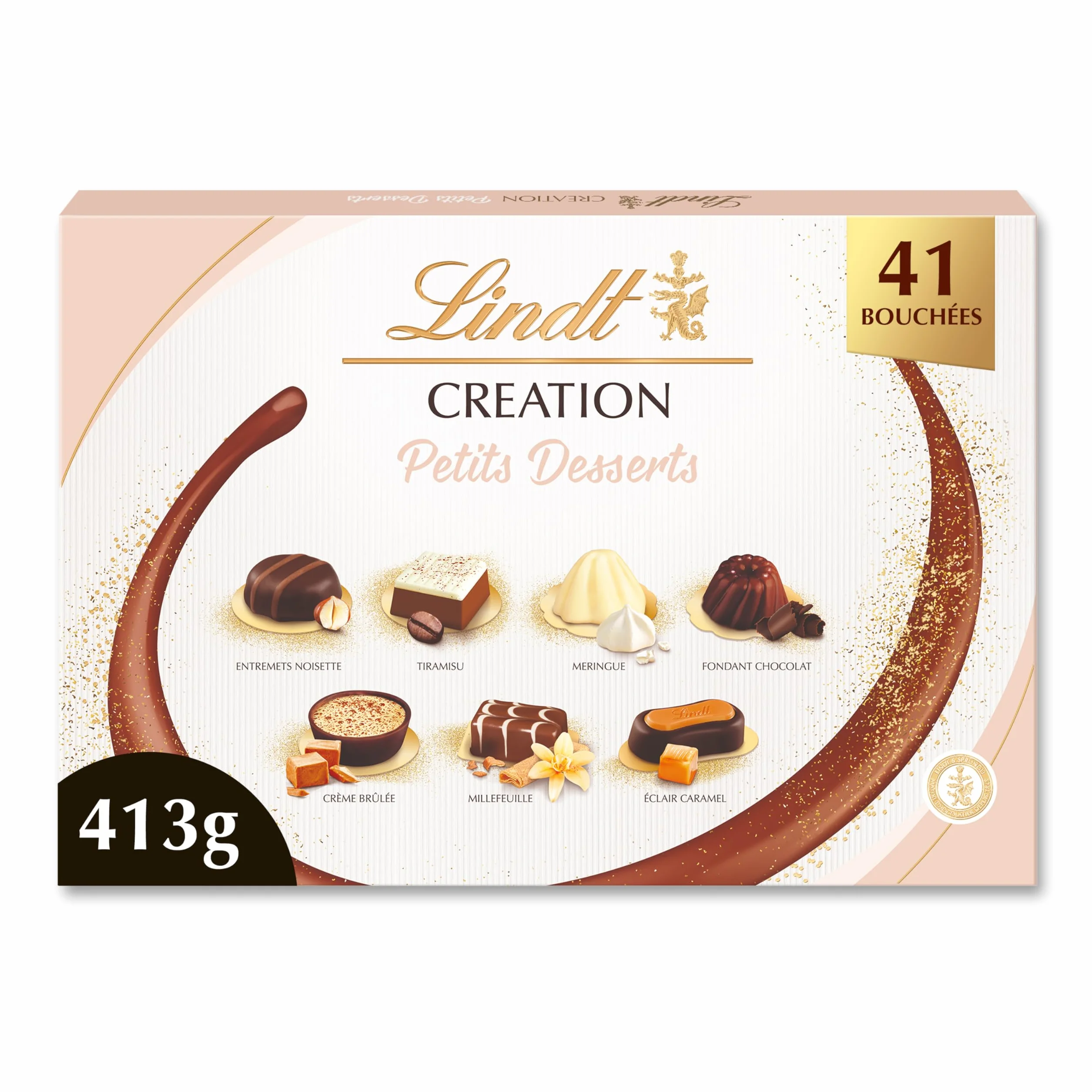 Lindt - Boîte CRÉATION Petits Desserts - Assortiment de Chocolats au Lait, Noirs et Blancs - Inspiration pâtissière - Idéal pour Noël, 413g
