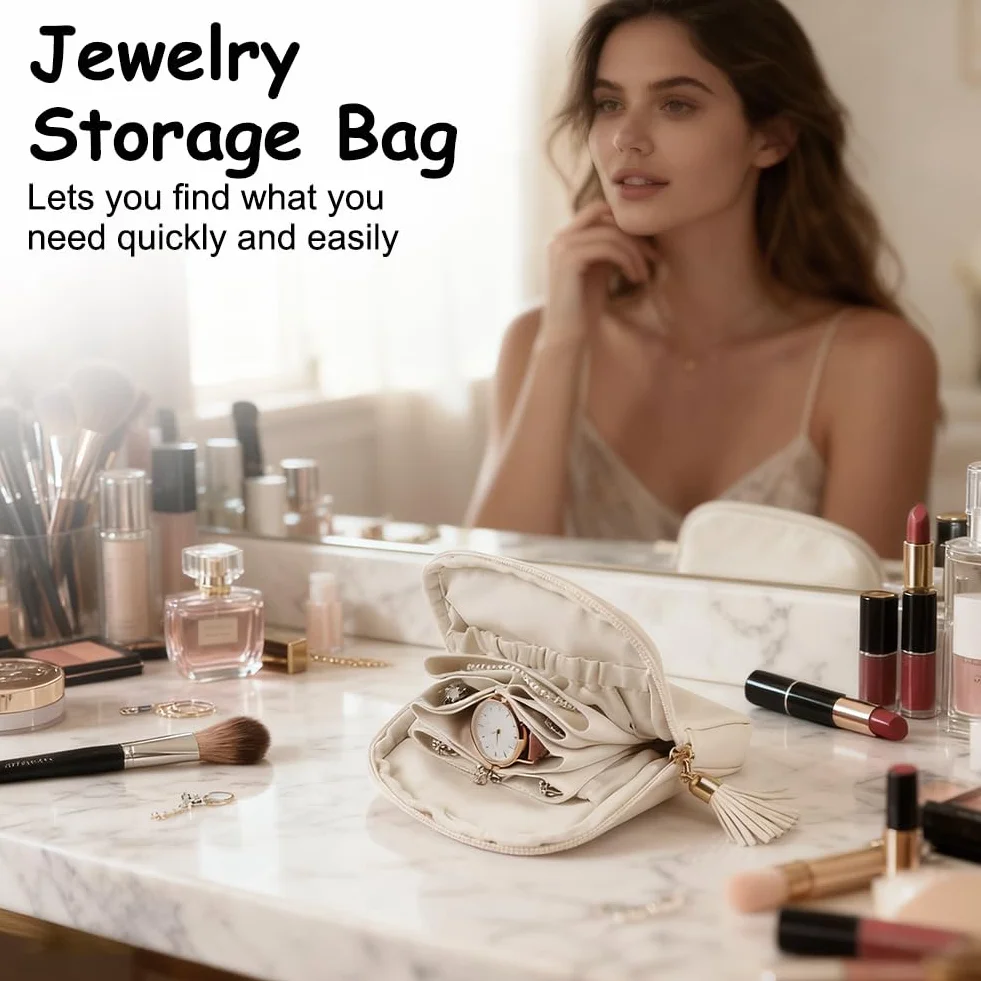 Pochette Bijoux Portable Multifonction Beige, Boîte à Bijoux de Voyage avec Franges