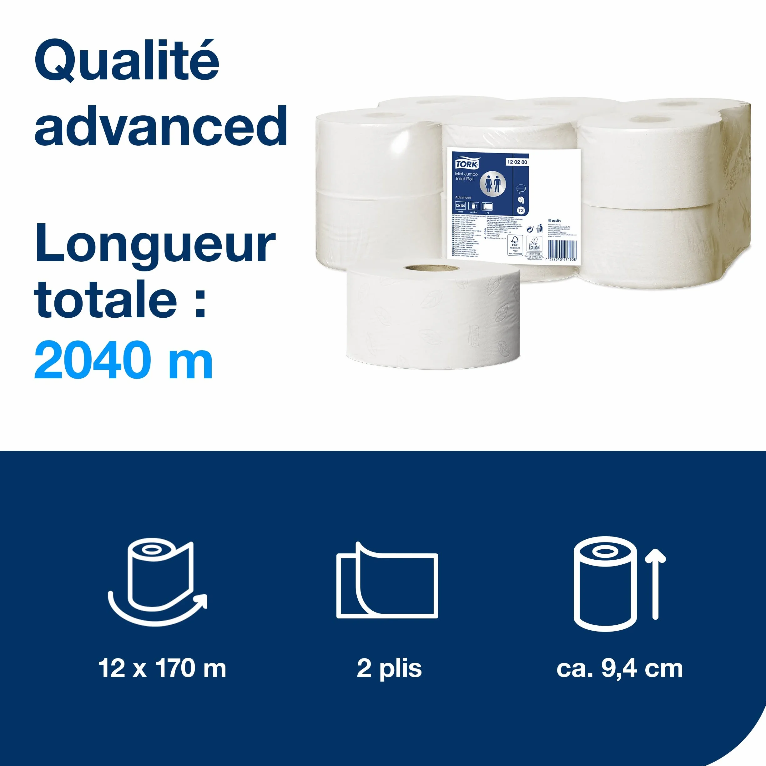 Tork 120280 Papier toilette Mini Jumbo Advanced - Blanc - 2 plis - lot de 12 rouleaux - 12 x 850 feuilles