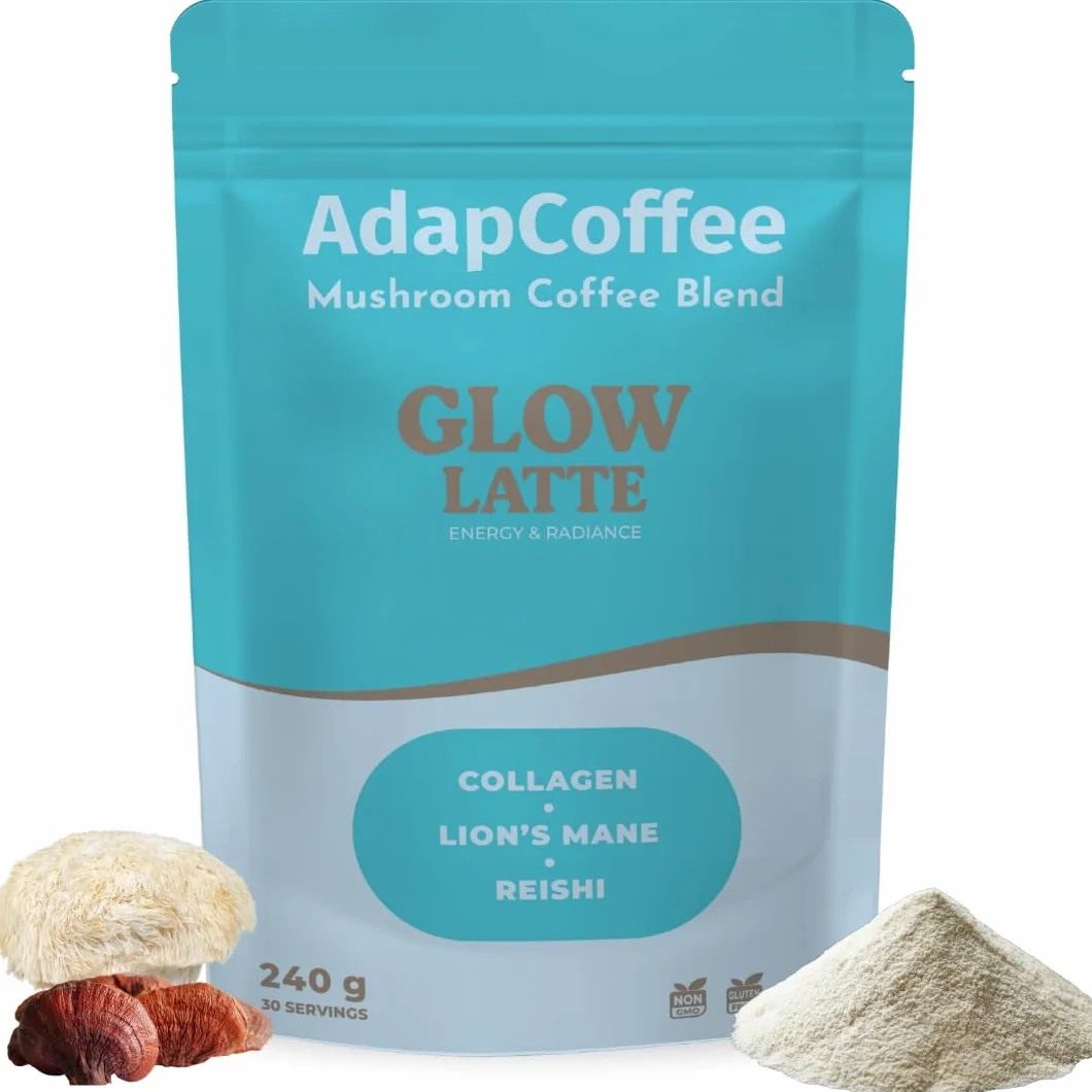 Glow Latte – Café Latte Instantané aux champignons adaptogènes & Collagène Marin - Lion’s Mane & Reishi – Focus, Vitalité & Bien-être - Crémeux & Gourmand - Sans Sucre Ajouté – 30 Tasses – ADAPCOFFEE