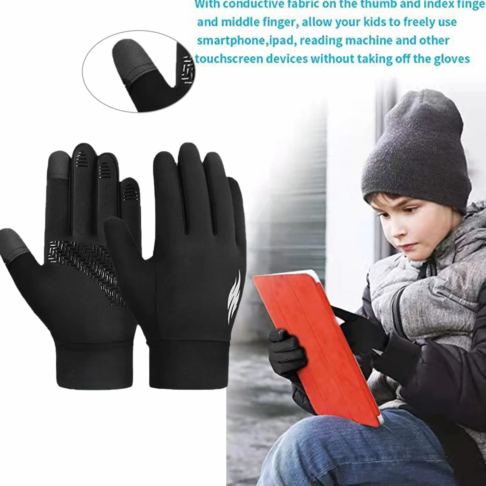 Gants d'hiver chauds imperméables écran tactile 6-12 ans garçons filles course à pied temps froid