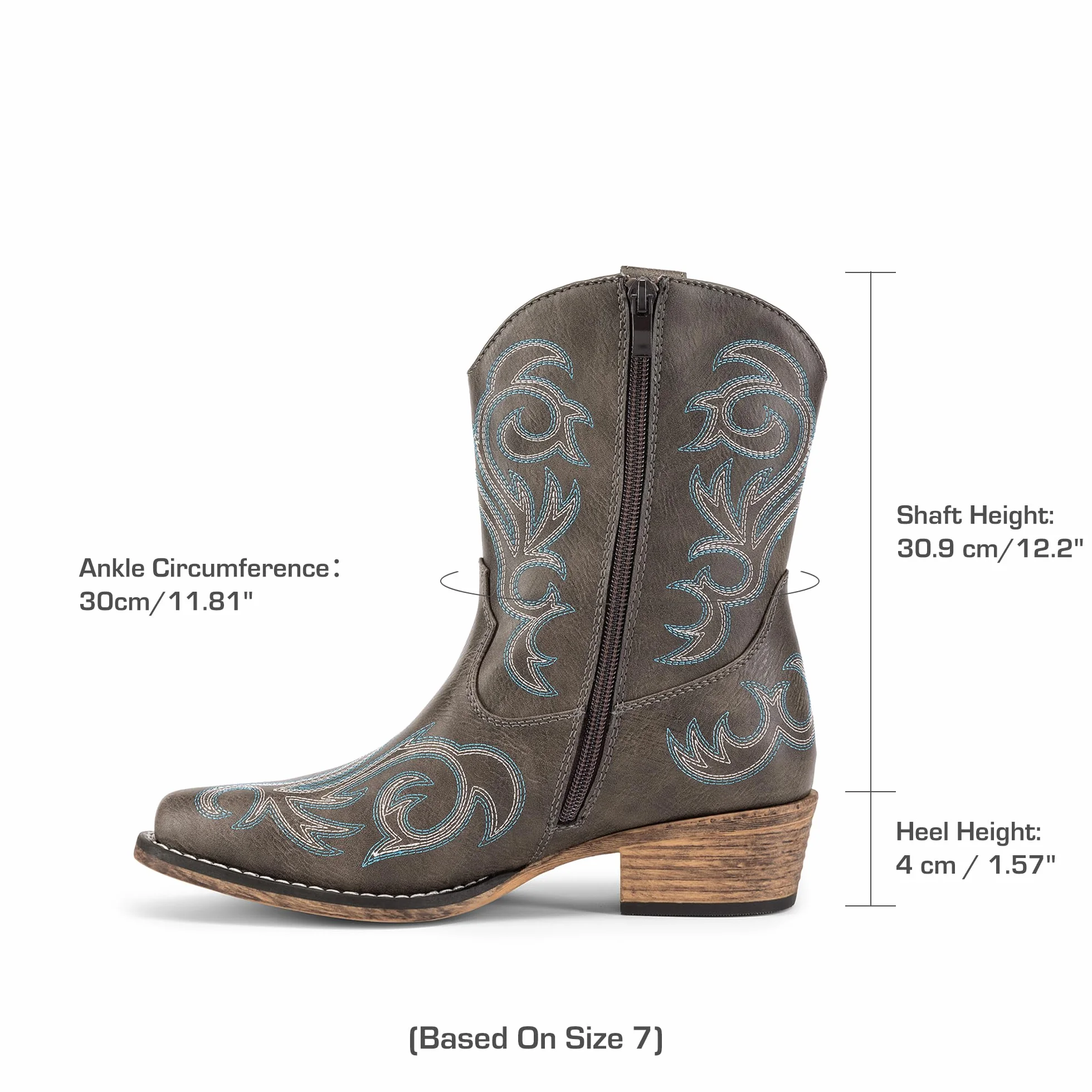 DREAM PAIRS Bottes Femme Western Courtes Bottines Cowboy Cowgirl Bout Carré Talon Large Fermeture Éclair