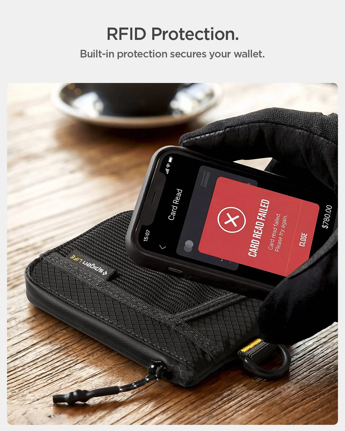 Spigen Life LF300 Portefeuille en Tissu Compact RFID, Pochette EDC Résistante à l’Eau avec Fermeture Éclair YKK, Capacité 10 Cartes, Noir