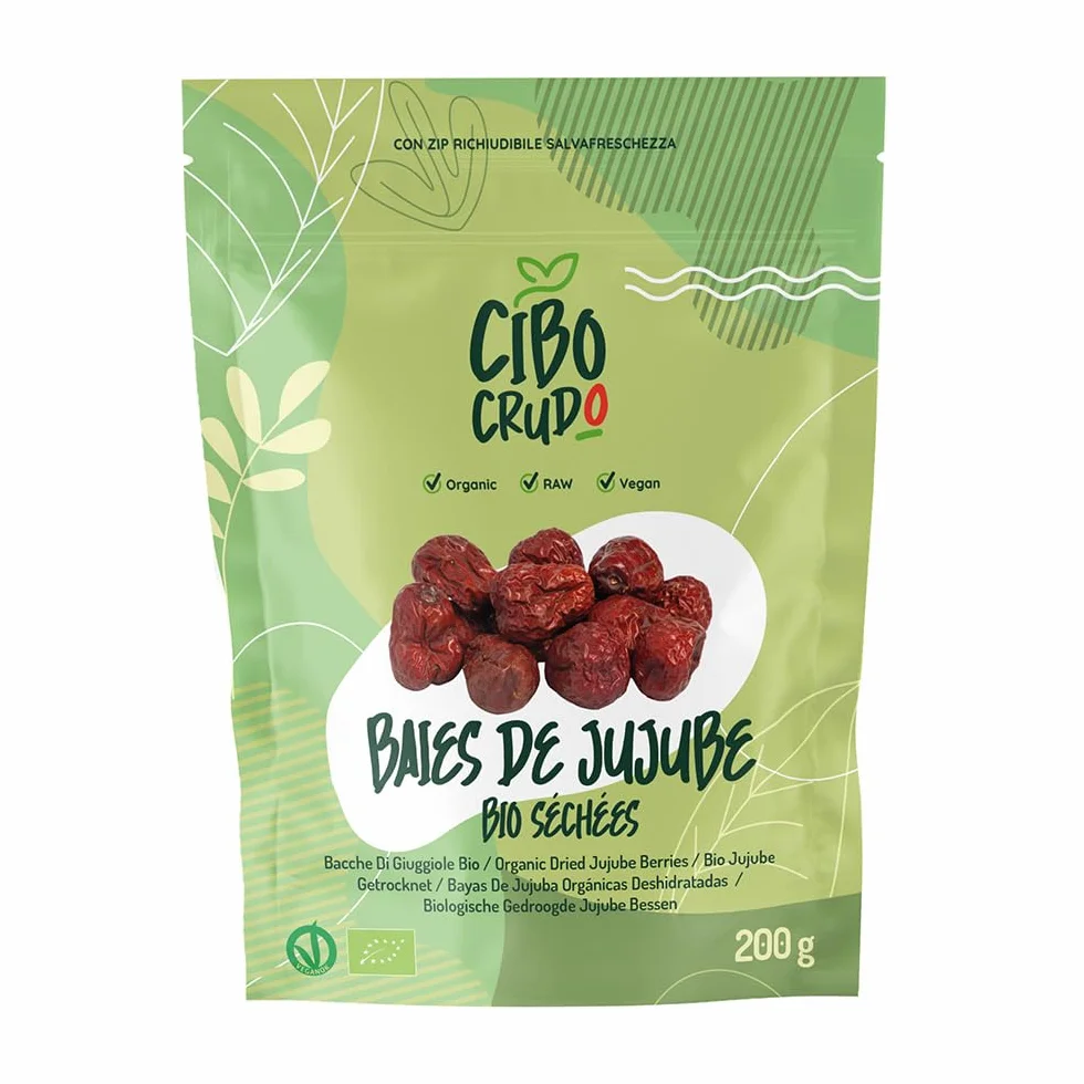 Jujube Séché Bio - 200g. Baies Rouges. De la plante de Jujube Séchée Sans Sucre Ajouté. Ils Contiennent Vitamines Minéraux et Fibres. A Ajouter aux Yaourts/Smoothies ou Aux Aesserts et Confitures.