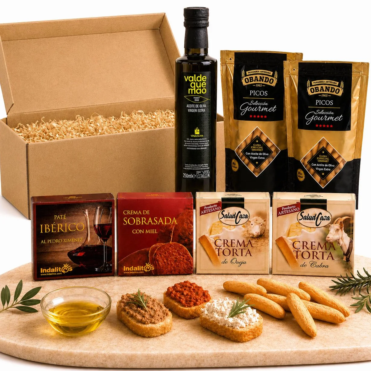 Panier gourmand a offrir, panier garni a offrir ACROL - Huile d'olive vierge extra 250ml, Pates iberiques, Fromages et picos artisanaux - Coffrets cadeaux gourmets · Cadeau Remerciement Maitresse