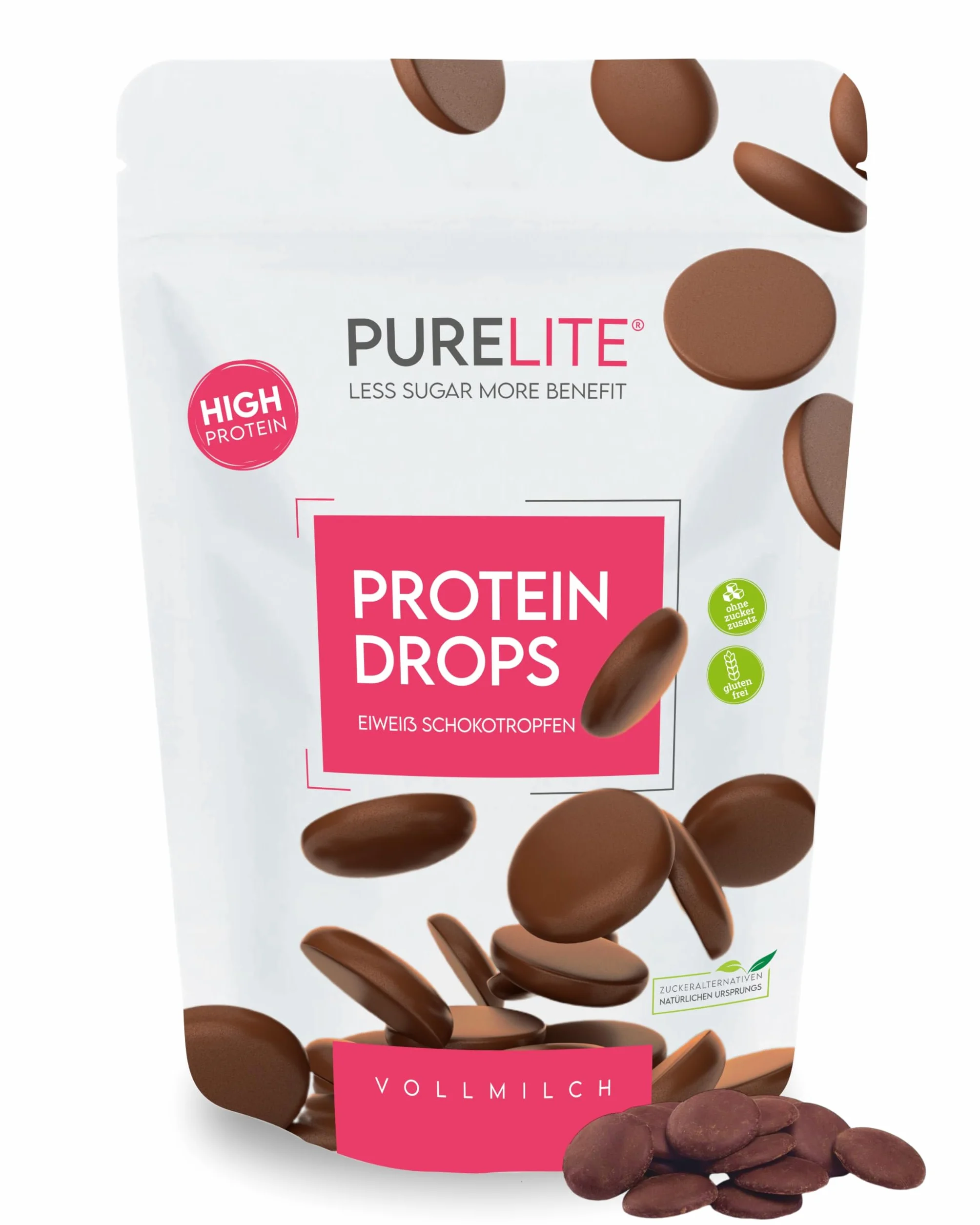 PURELITE Protein Drops au lait, végétarien, haute teneur en protéines 26g/100g, gouttes de chocolat sans sucre ajouté, érythritol, stévia, faible en calories, snack, cuisson, fonte, couverture, 450g