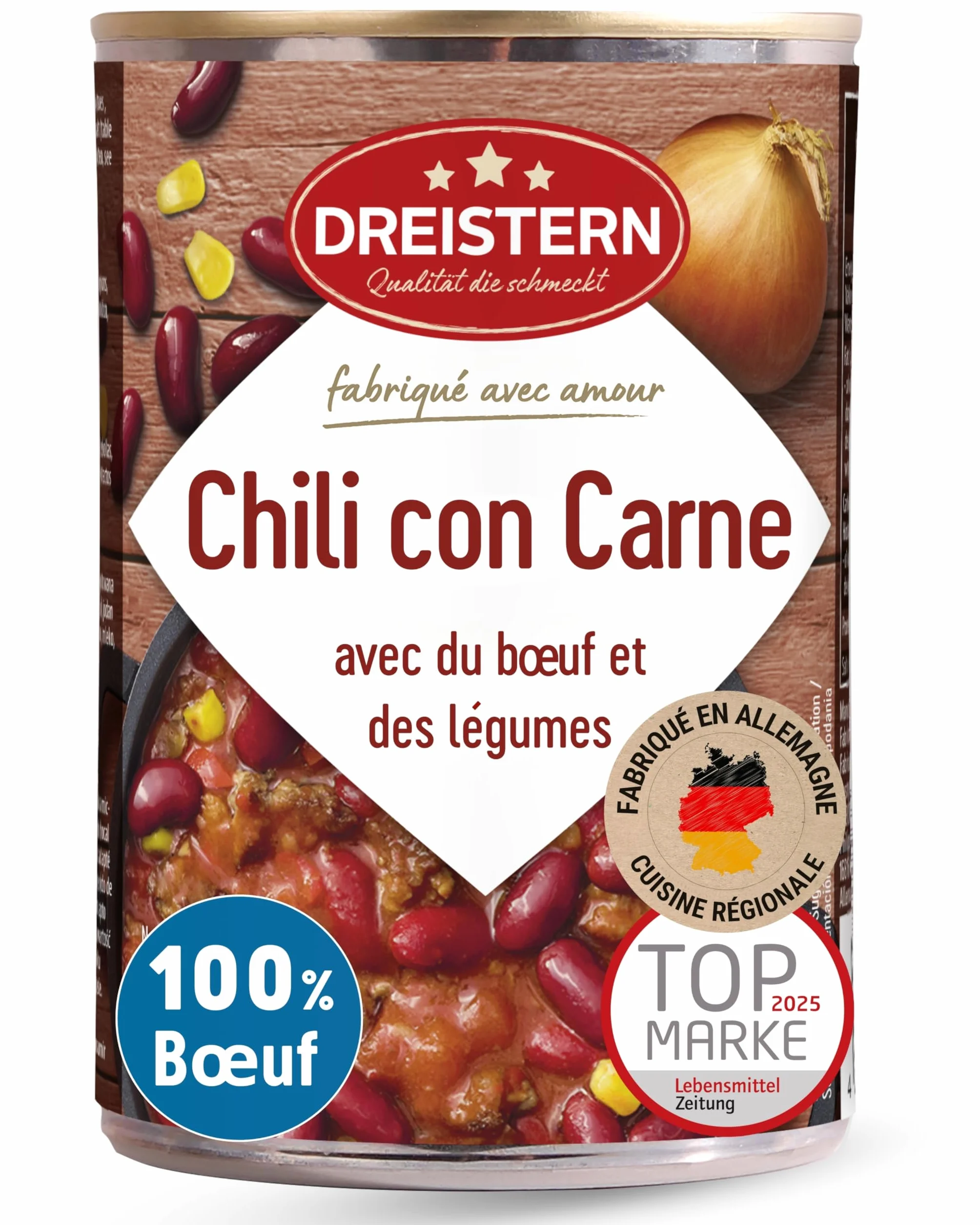 DREISTERN Chili con Carne 400g - Avec bœuf & légumes - Chili hyperprotéiné aux valeurs nutritives de qualité - Longue conservation & sans conservateurs ajoutés - Qualité maison