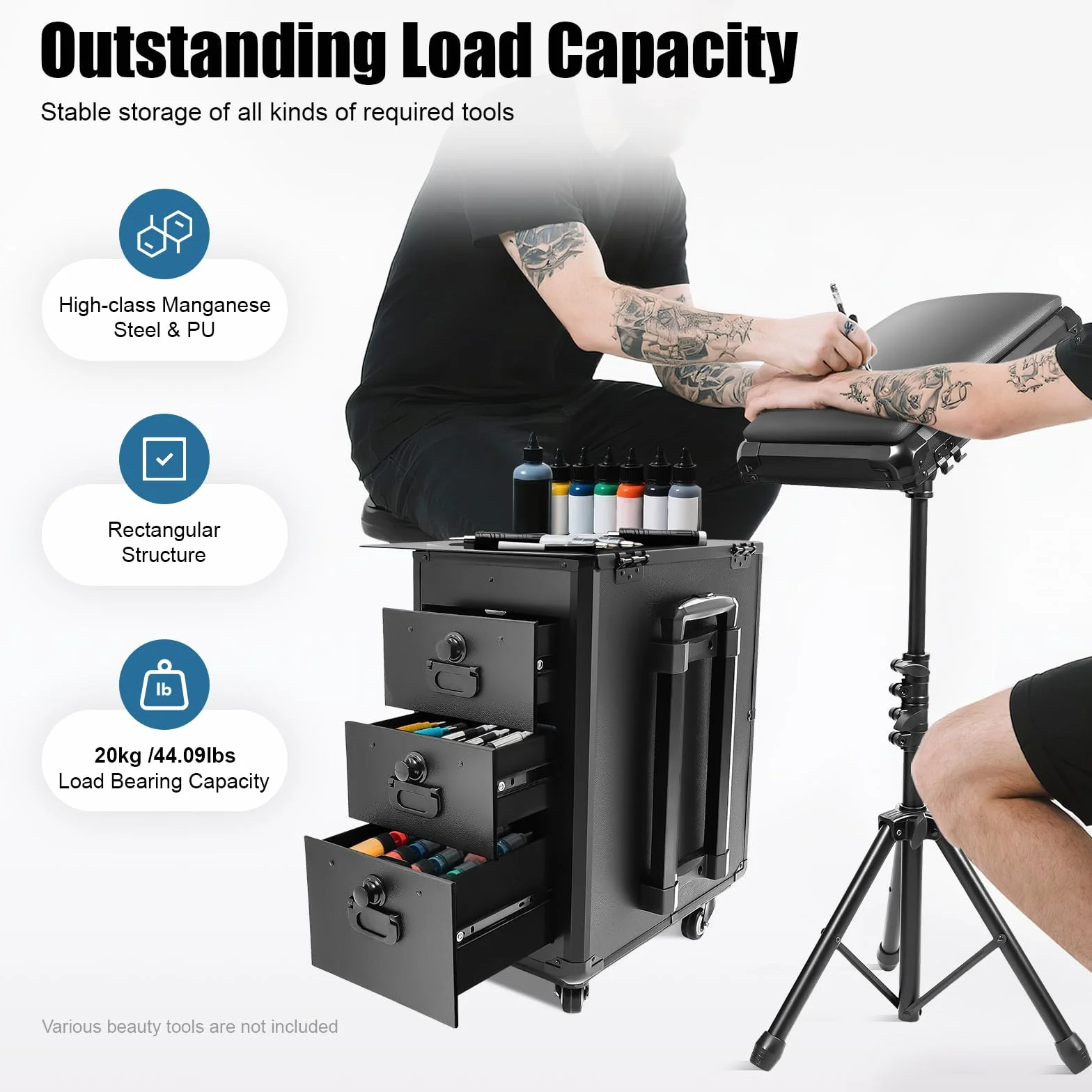 Mallette de maquillage trolley avec 3 tiroirs, serrure à combinaison et support pour accoudoirs