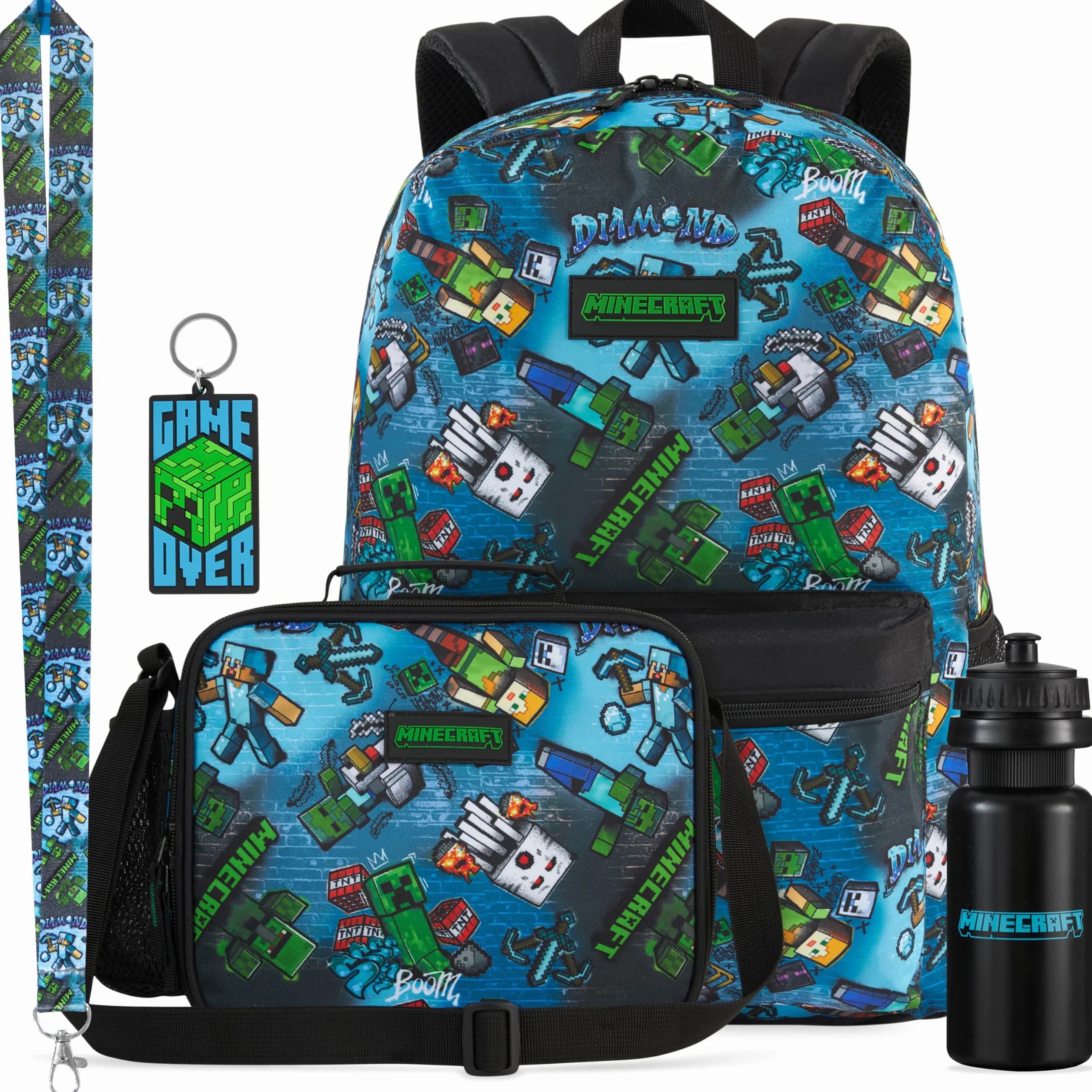 Minecraft Sac à Dos Garçon Set 5 Pièces avec Sac Isotherme Repas Trousse Scolaire Gourde sans BPA