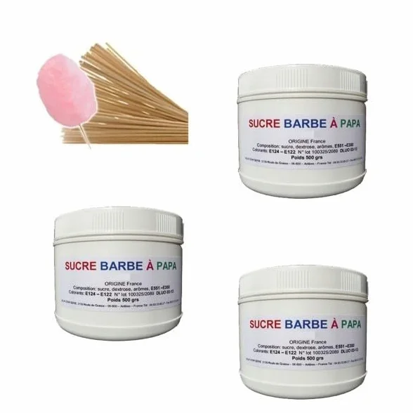 Pack de 3 Pots de 500 grs de sucre barbe à papa au choix + 100 batons 30 cm OFFERT