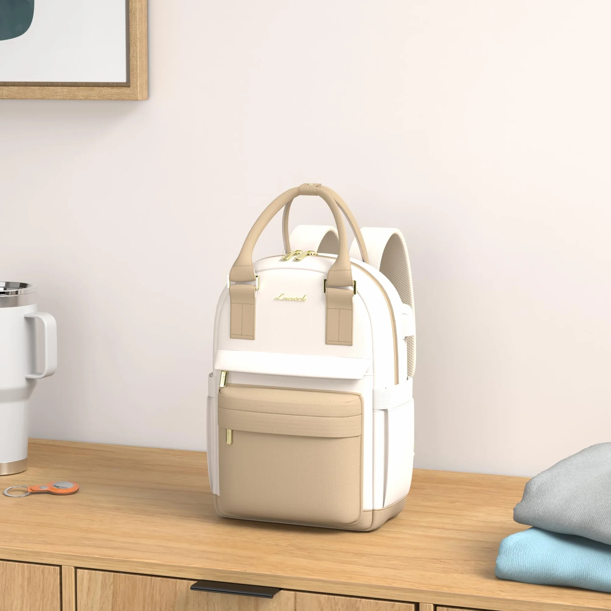 LOVEVOOK Petit Sac à Dos Femme, Mini Sac à Main Imperméable Antivol avec Port USB, Kaki Beige