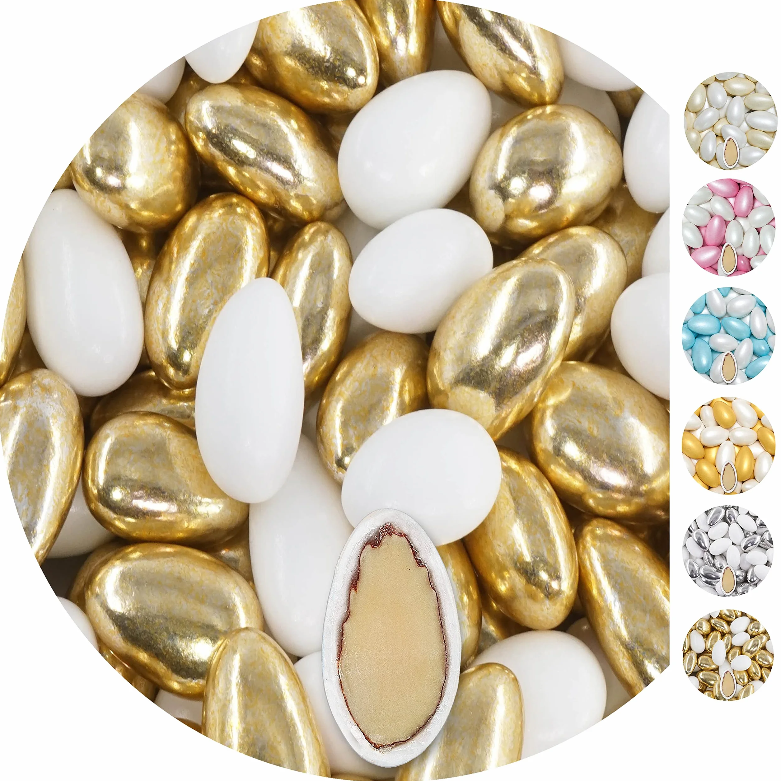 EinsSein Dragées Mariage Amandes 1 kg – Environ 280 Pièces Conchiglia Blanc & Or Brillant