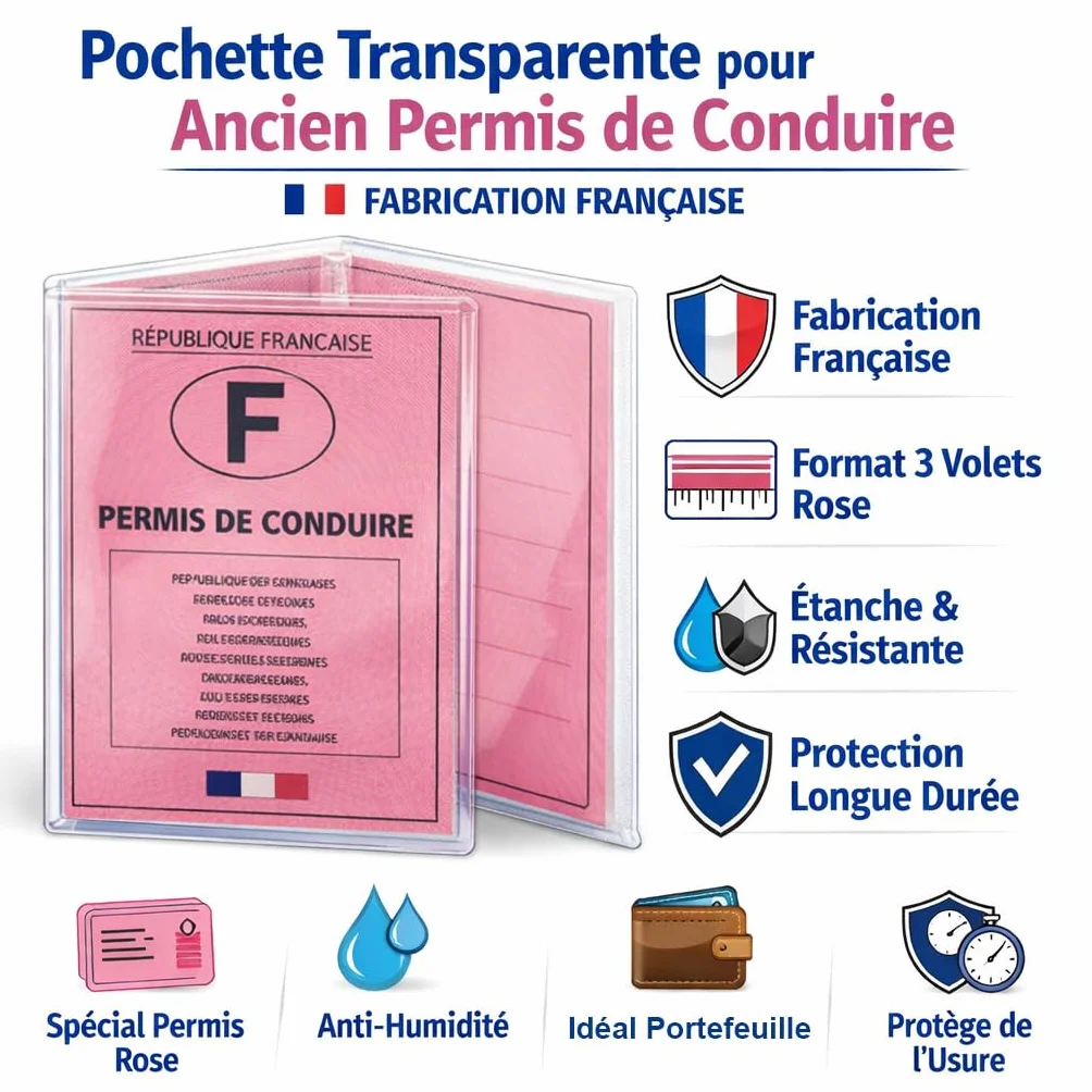 Pochette Transparente PVC Ancien Permis de Conduire – Format 3 Volets Permis Rose – Fabrication Française