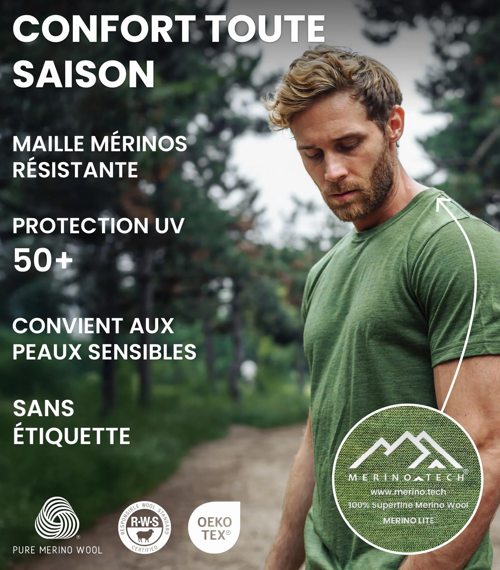 Merino.tech T Shirt Merinos Homme 100% Laine Merinos Lightweight