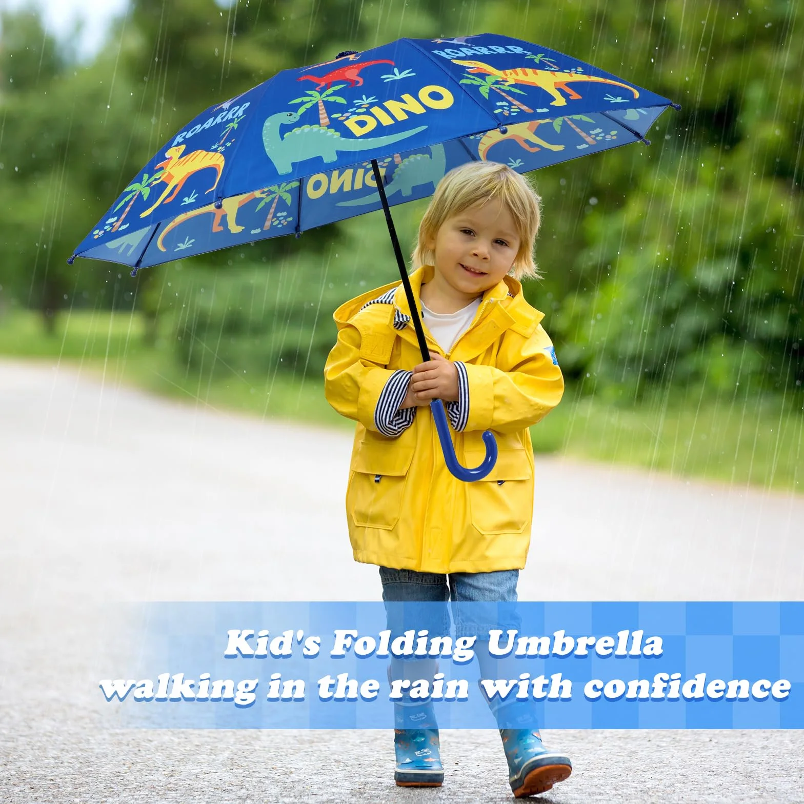 Parapluie Enfant avec Housse Coupe-vent Durable Pliant Canne Motif Mignon Dinosaures