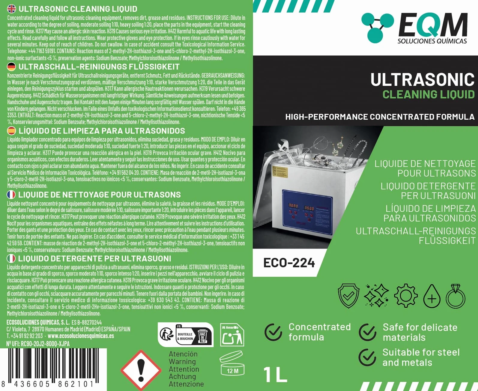 EQM Liquide Nettoyant Concentré Ultrasons Métaux Acier Bijoux Lunettes Argent Prothèses Dentaires