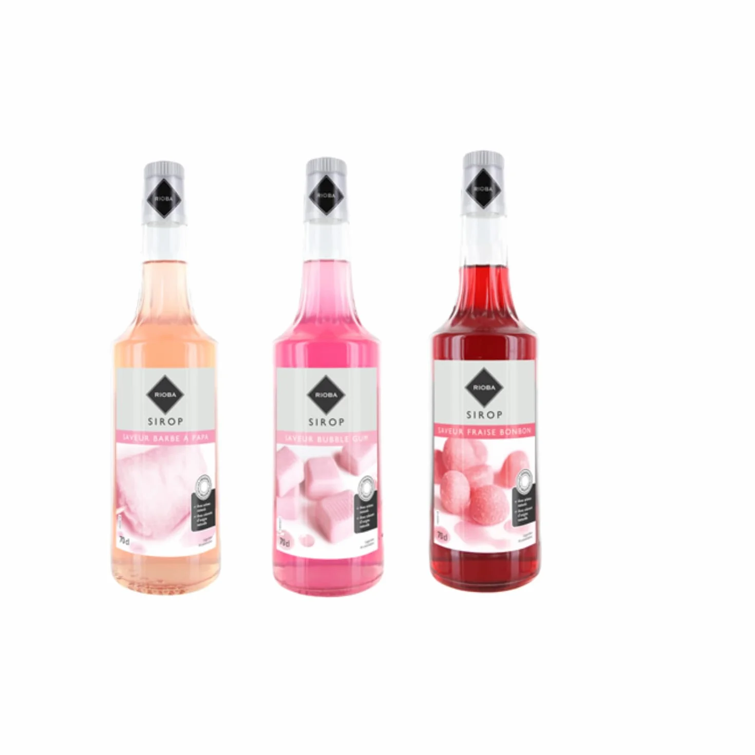 Lot sirops parfums d'enfance Rioba - Barbe à papa, Bubble gum, Fraise bonbon - 3x70cL