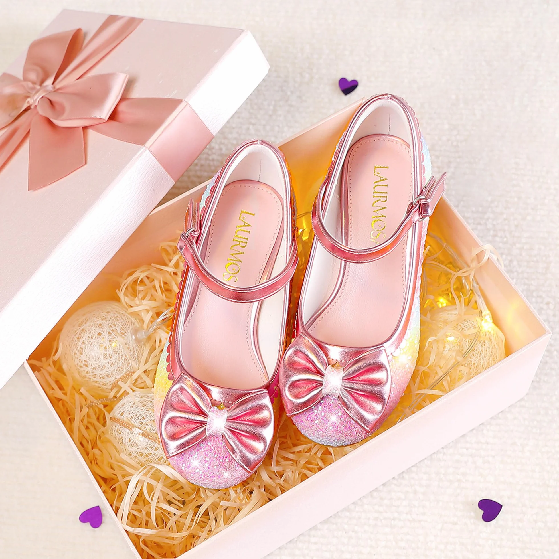 LAURMOSA Nœud Paillettes Chaussure Princesse Fille Mary Jane Talon Enfant Fête Cérémonie