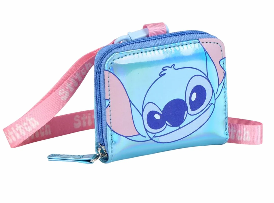 Stitch Porte-Monnaie avec Sangle, Design irisé Bleu et Rose, Fermeture éclair