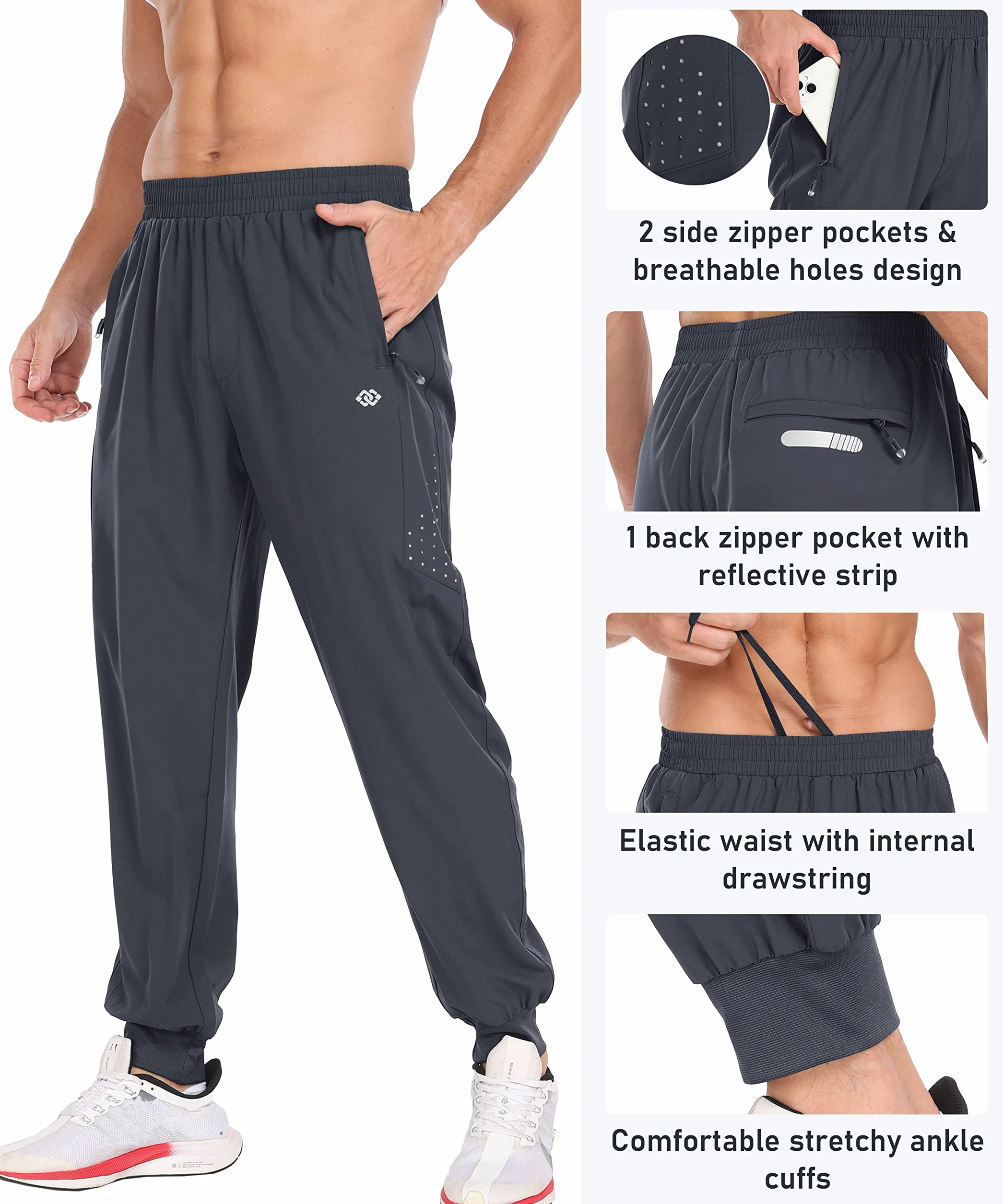 MoFiz Pantalon de Jogging Homme Léger Sport Séchage Rapide avec Poches Zippées