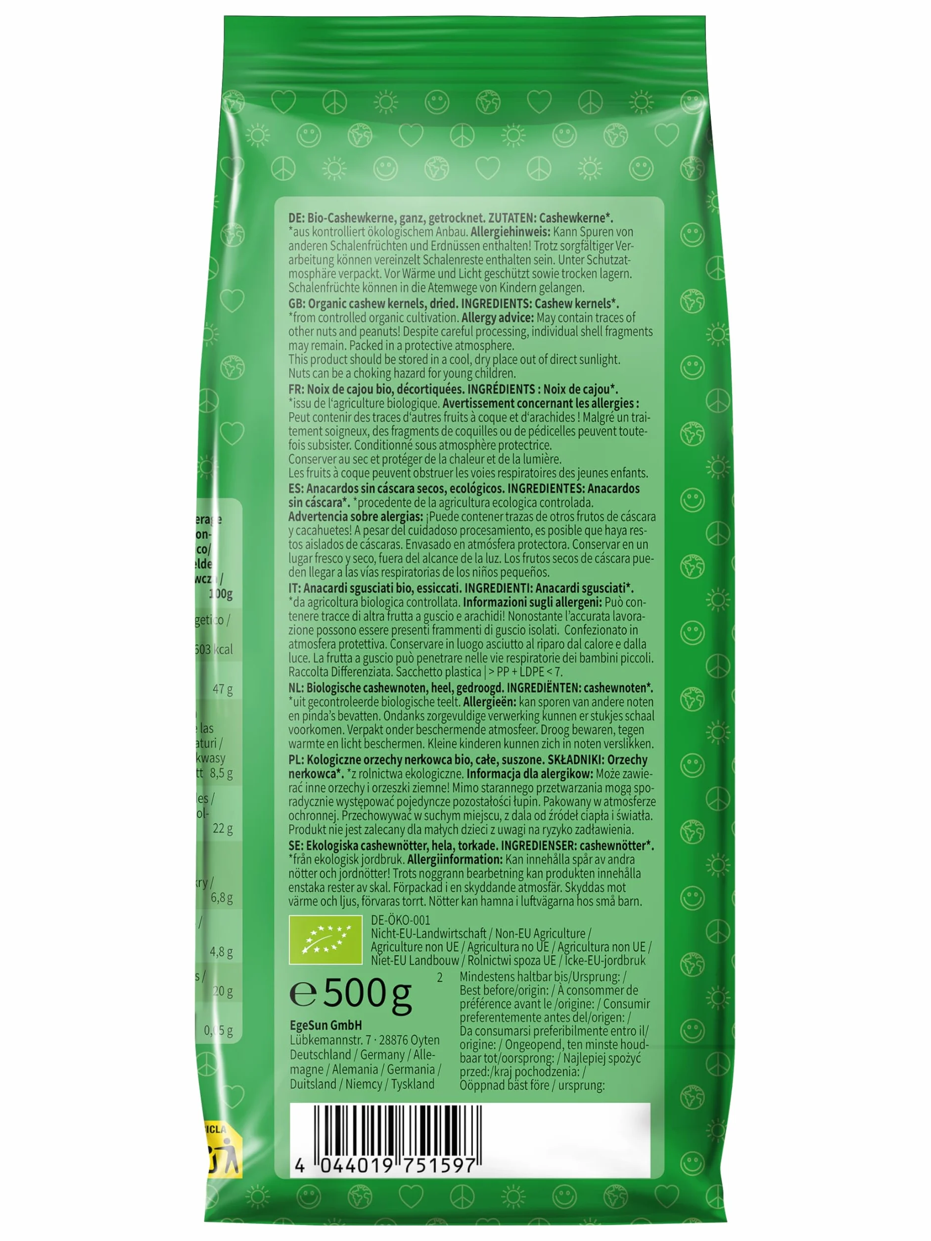 Mundo Feliz - Lot de 2 sachets de noix de cajou bio entières, 2 x 500 g