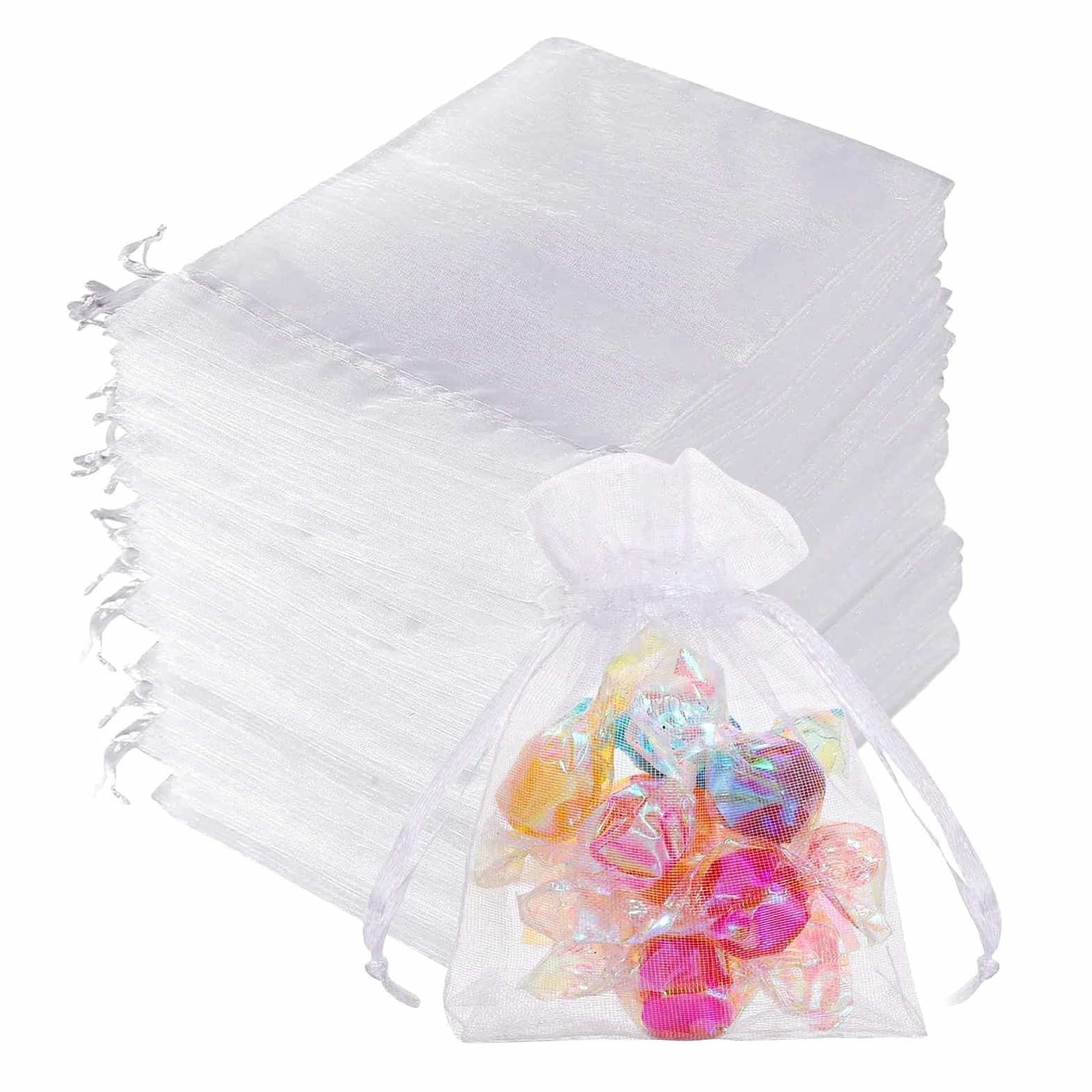 Sachets en Organza Blanc 7x9 cm Lot de 100 - Pochette Cadeau Réutilisable avec Cordon de Serrage pour Bijoux, Mariage