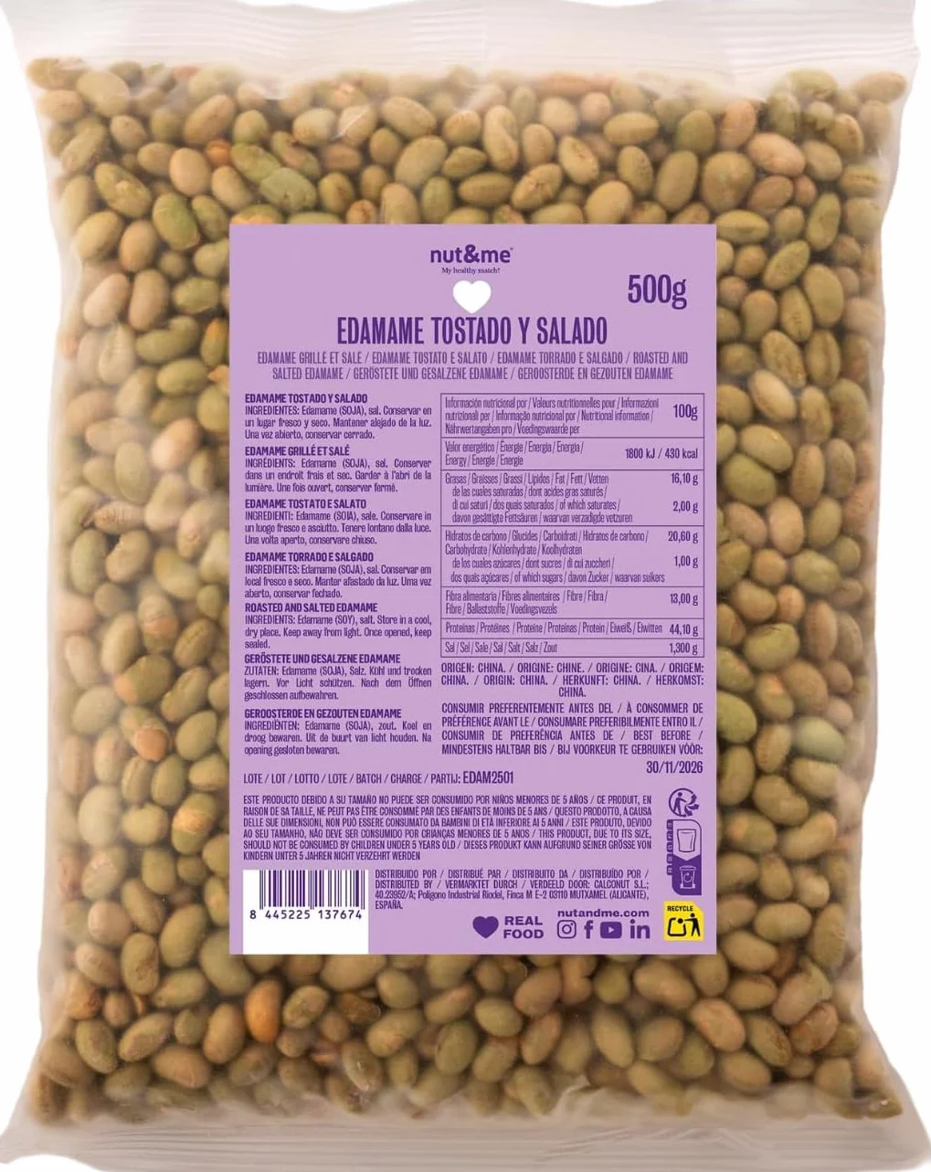 Edamame grillé et salé 500 gr nut&me | Sans gluten et sans sucres ajoutés | Riche en protéines | En-cas croquant | Une collation saine et riche en protéines pour vos pauses