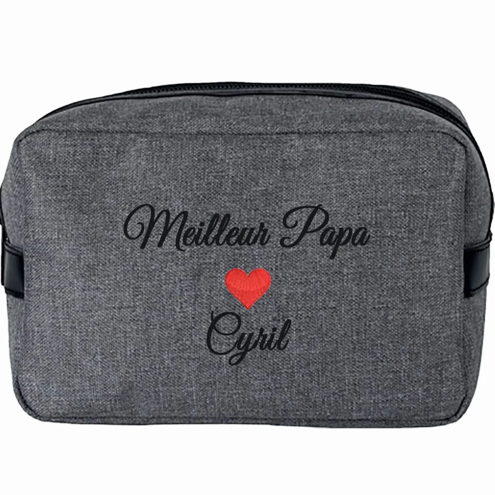 Trousse de Toilette Homme brodée personnalisée 14x20x9cm Gris Clair Coeur Rouge