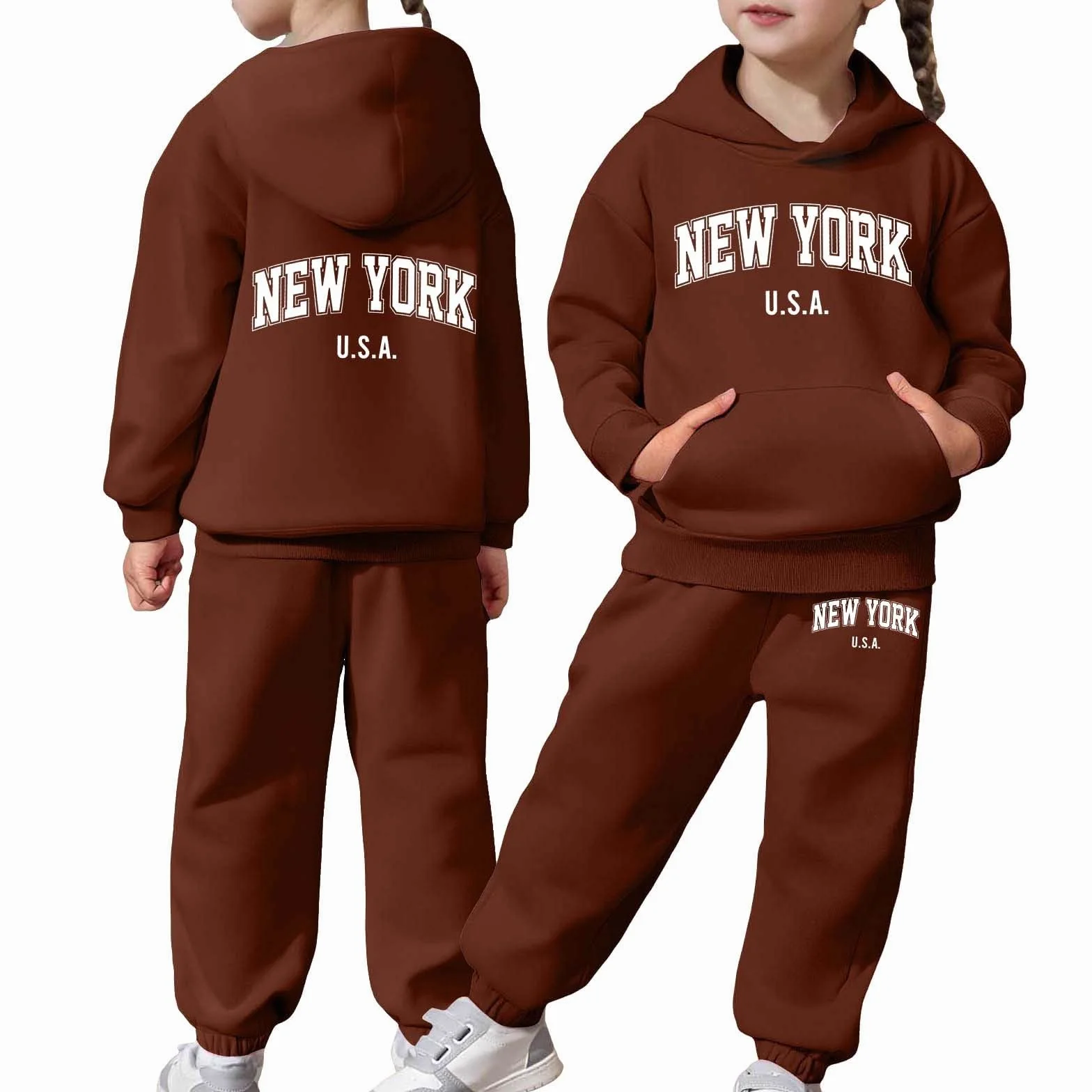 Survêtement enfant 2 pièces Pull manches longues Capuche Pantalon jogging Ensemble chaud Imprimé lettre Café 8-9 ans