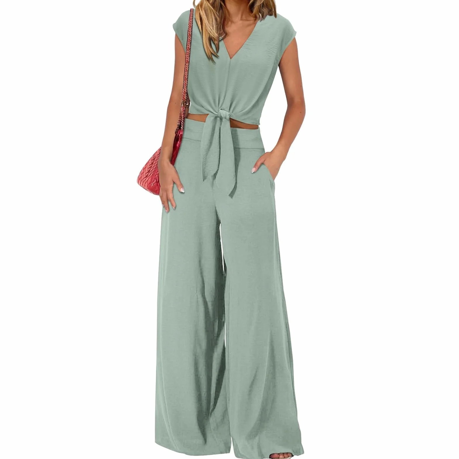 Amropi Ensemble Femme Loungewear Set Col en V Manches Courtes Pantalon Large