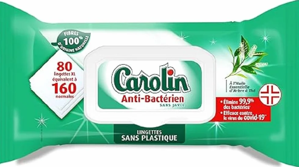 Carolin Lingettes Anti-Bactériennes à l'Huile Esssentielle d'Arbre à Thé, Sans Javel x80