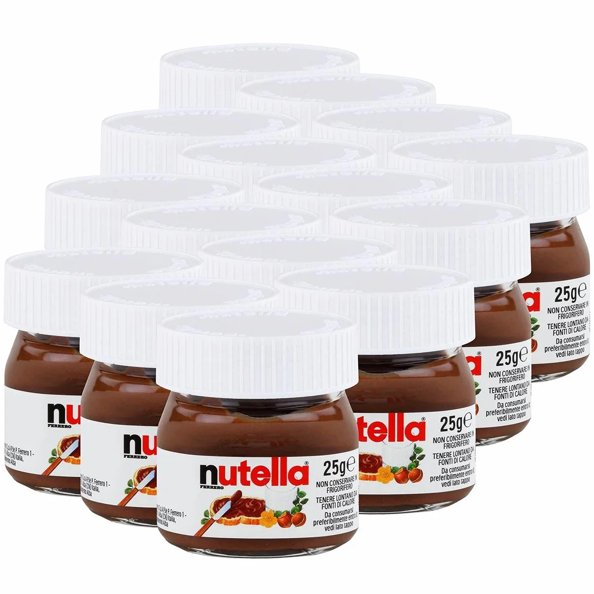 Nutella Ferrero Lot de 15 petits pots à tartiner, au chocolat, en verre, 25 g, fait de crème de nougat aux noisettes