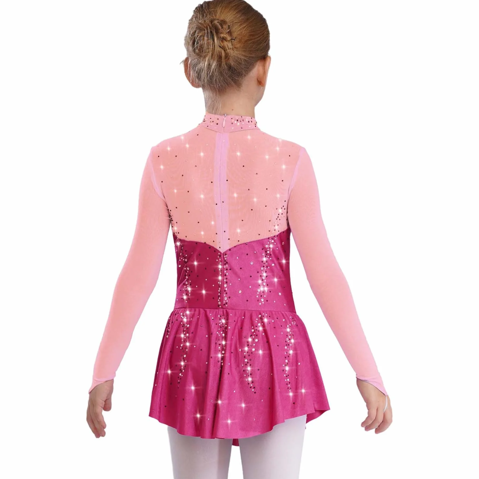 Robe Patinage Artistique Manches Longues Strass Justaucorps Gymnastique Enfant Fille 5-16 Ans
