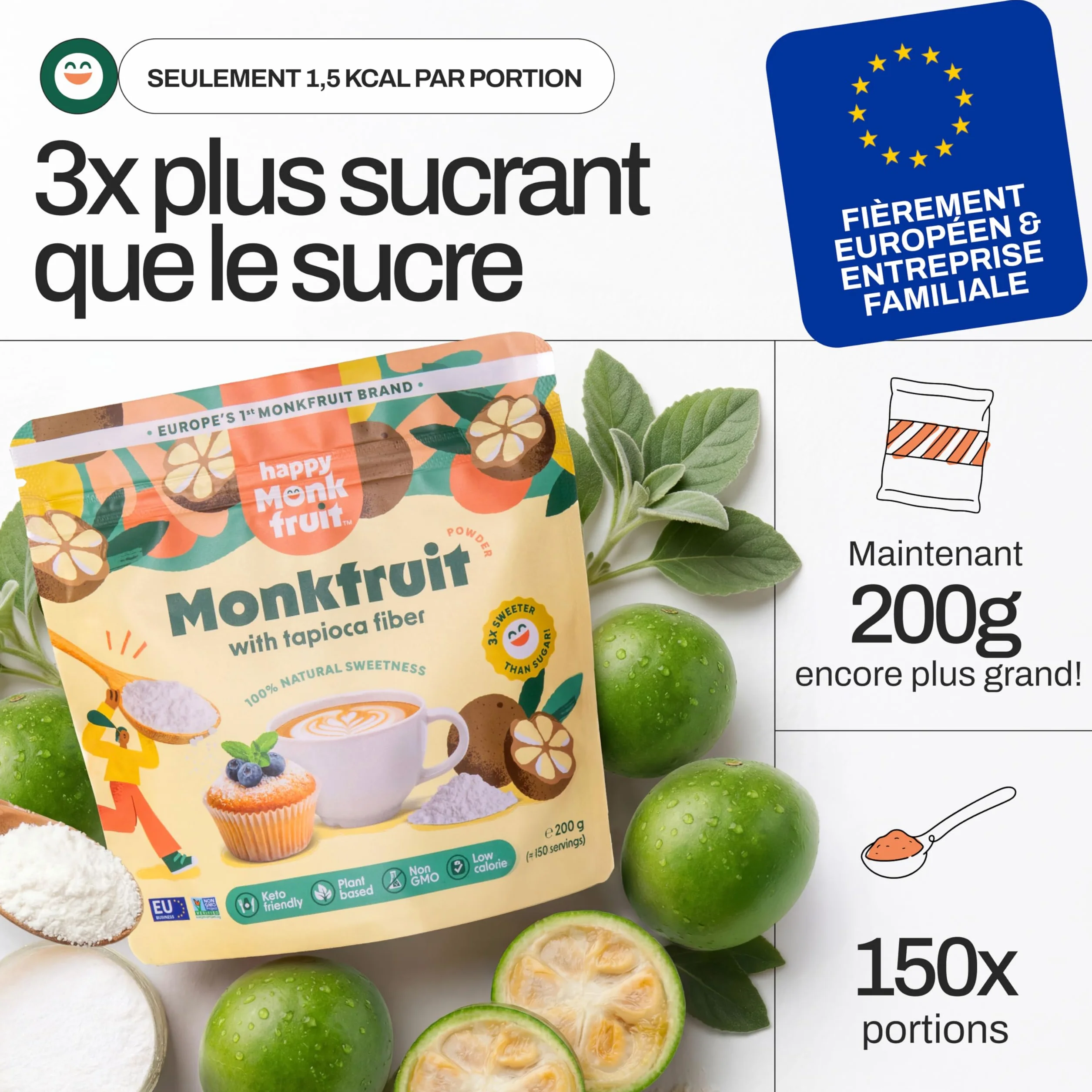 Fruit du Moine Poudre 200g, 3x Plus Sucré que le Sucre, Monk Fruit Sweetener, 100% Naturel avec Fibres Prébiotiques, Faible Calorie | Keto & Vegan | Sans Gluten, Non-GMO, Happy Monkfruit®