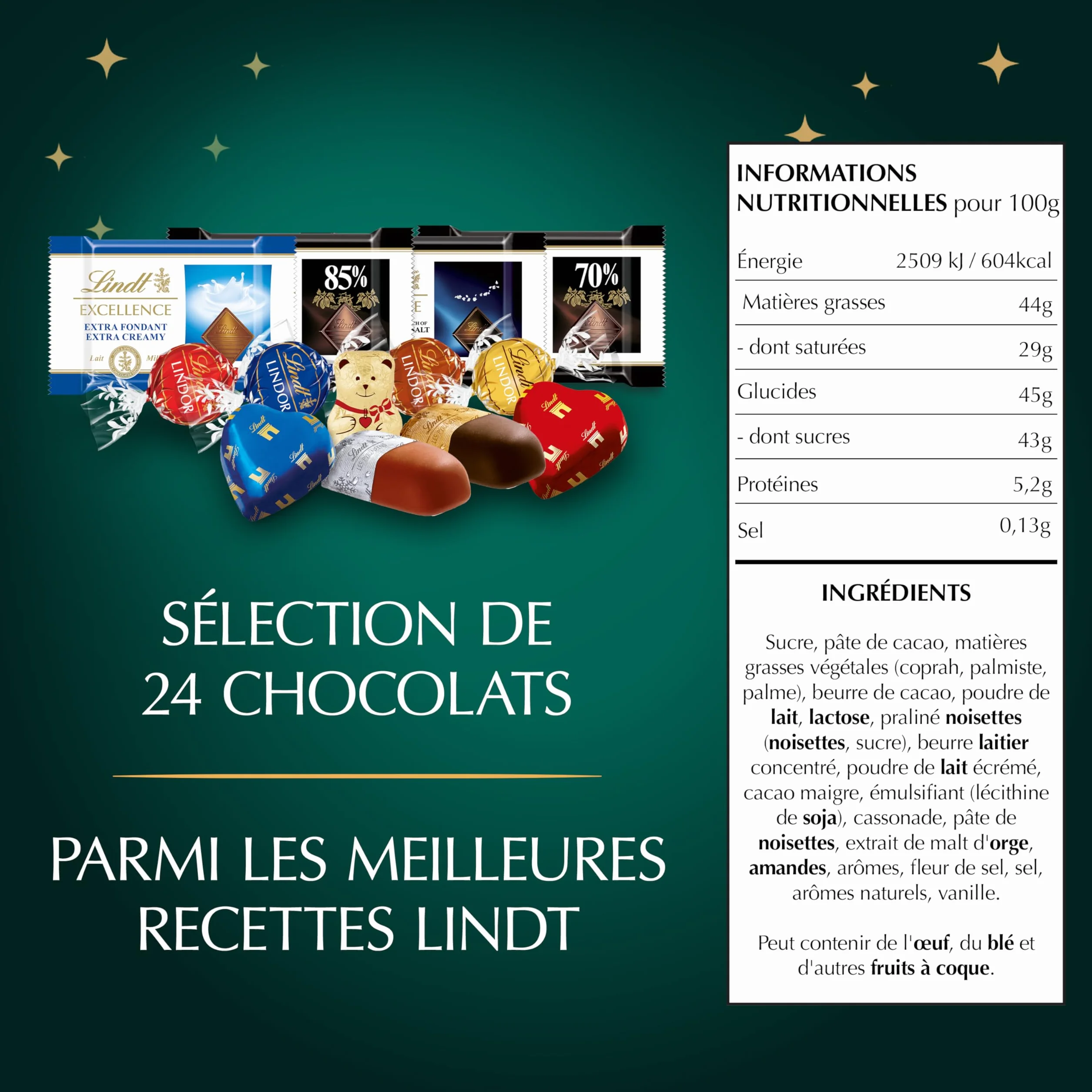 Lindt - Calendrier de l'Avent - Assortiment de Chocolats au Lait, Noirs et Blancs - Idéal pour Noël, 221g