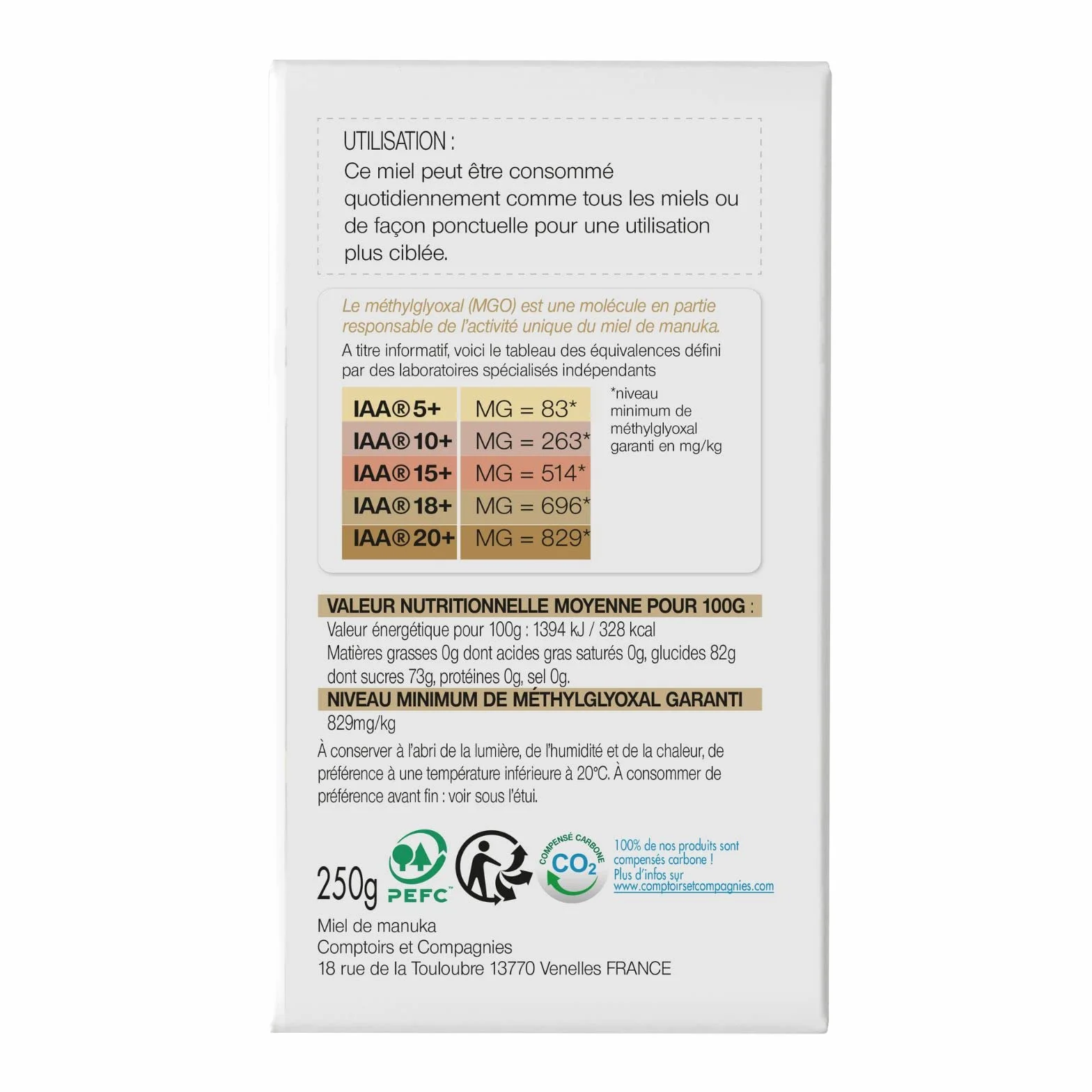 COMPTOIRS ET COMPAGNIES - Miel de Manuka Actif - IAA20+ (MGO829+) - Origine Nouvelle Zélande - 250g