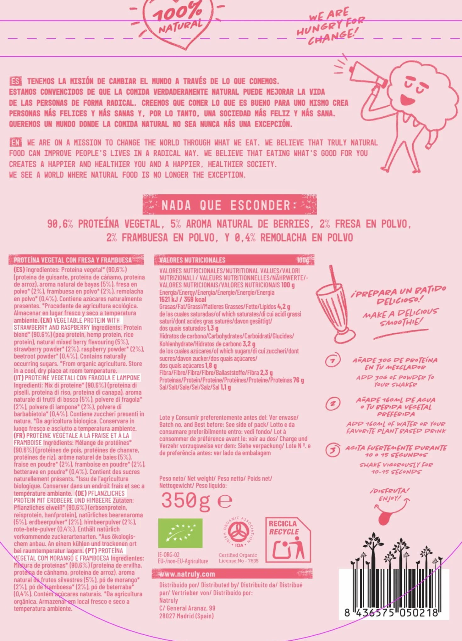 NATRULY Protéine Vegan BIO Fraise et Framboise, 90% Protéine, 100% Naturel Sans Sucre, Sans Gluten, Sans Lactose -350g