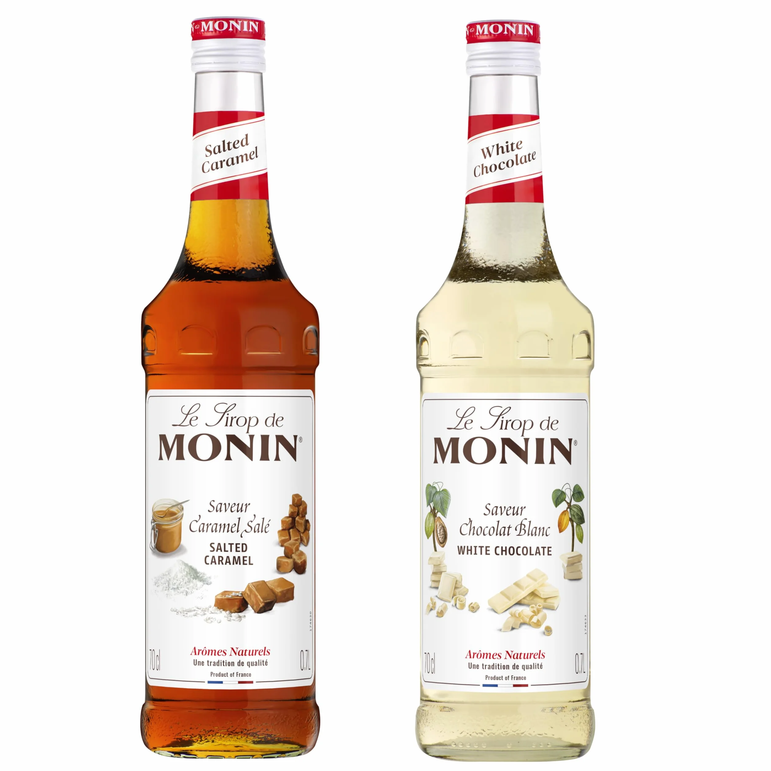 MONIN - Assortiment de Sirop Saveur Caramel Salé & Sirop Saveur Chocolat Blanc - Pour Café, Chocolat Chaud, Capuccino ou Latte - Arômes Naturels - Bouteille en Verre - 2 x 70 cl