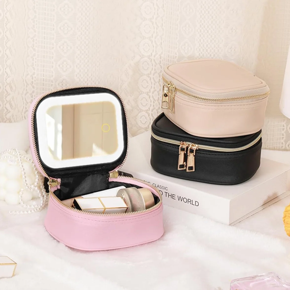 Trousse de maquillage avec miroir LED PU Noir Moderne