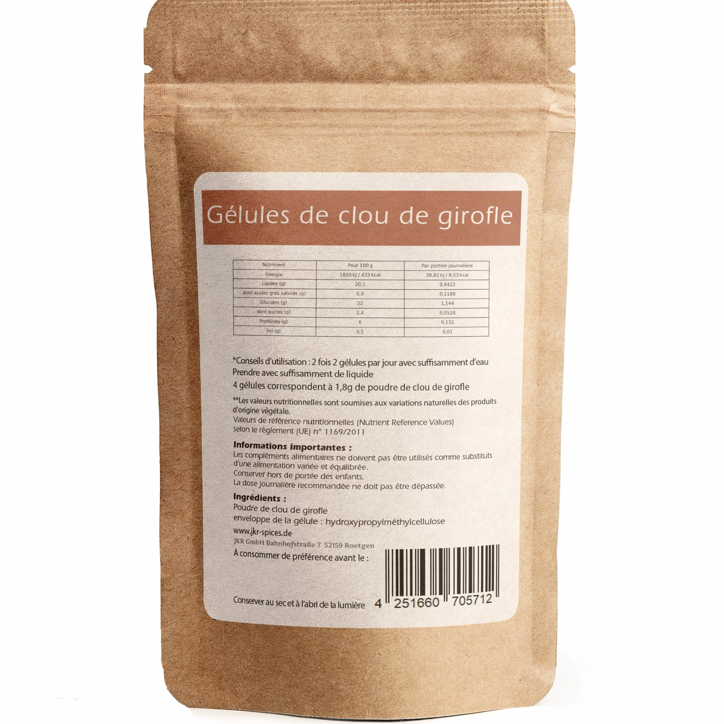 JKR Spices Lot de 420 capsules végétaliennes de clou de girofle – Capsules végétaliennes remplies de poudre de clou de girofle de haute qualité – Hautement dosées – 450 mg de clous de girofle moulus –