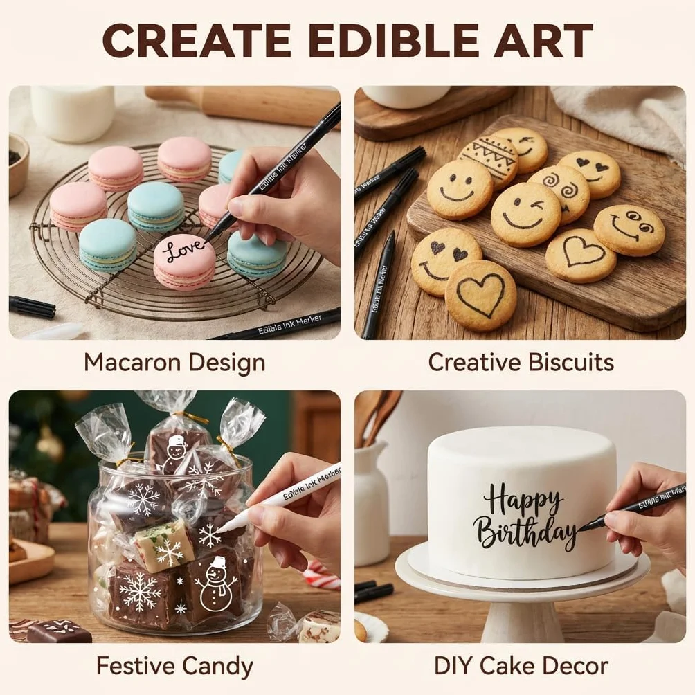 4 Feutre Alimentaire, Stylo Alimentaire Noir et Blanc Pâtisserie, Colorant Alimentaire Blanc Noir pour Décoration Gâteaux Biscuits Fondants Desserts DIY, Occasions Festives Occasions Festives